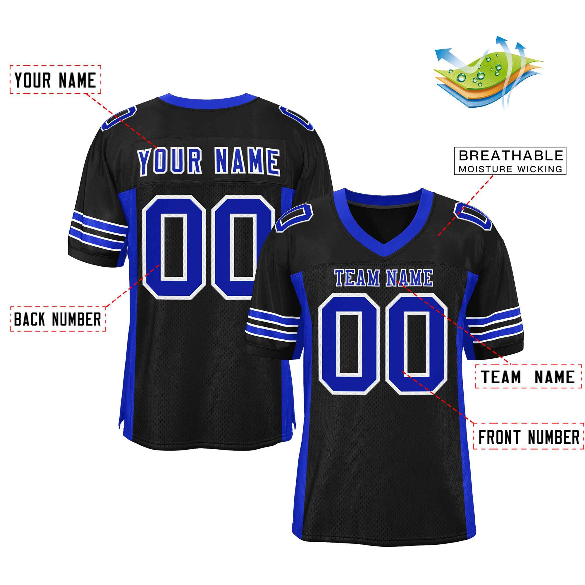 Custom Black Royal Insert Color Design Mesh Authentic Football Jersey