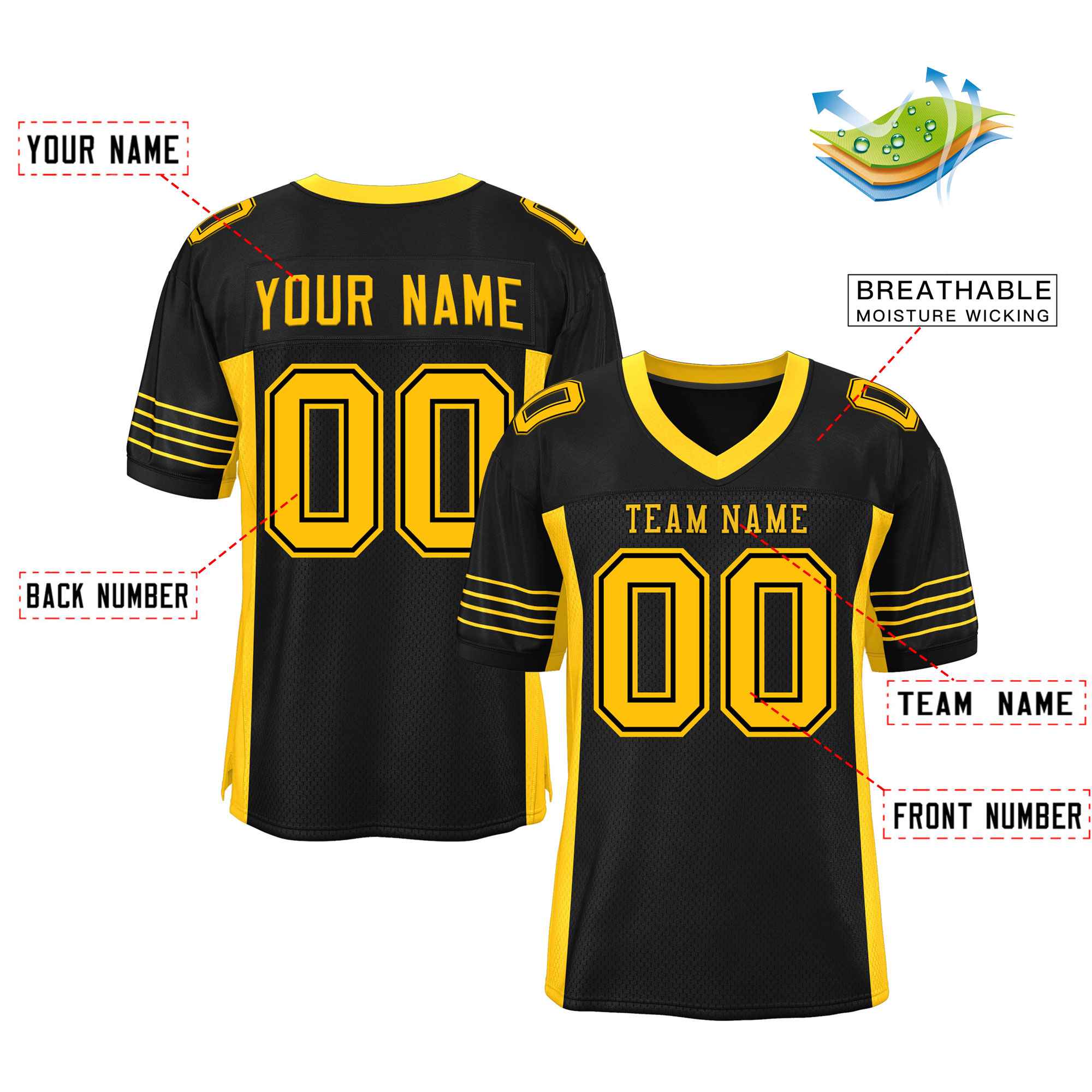 Custom Black Yellow Insert Color Design Mesh Authentic Football Jersey