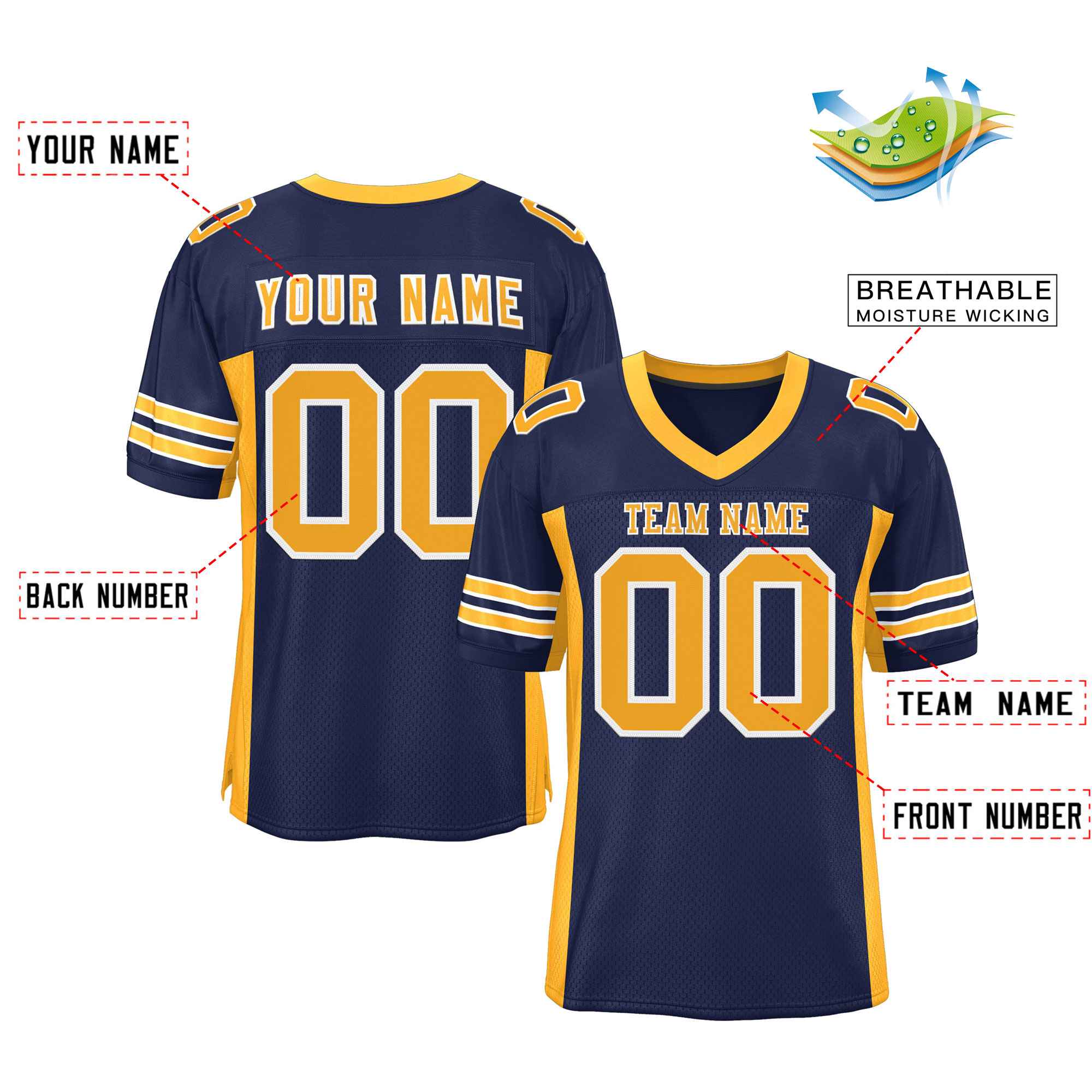 Custom Navy Yellow Insert Color Design Mesh Authentic Football Jersey