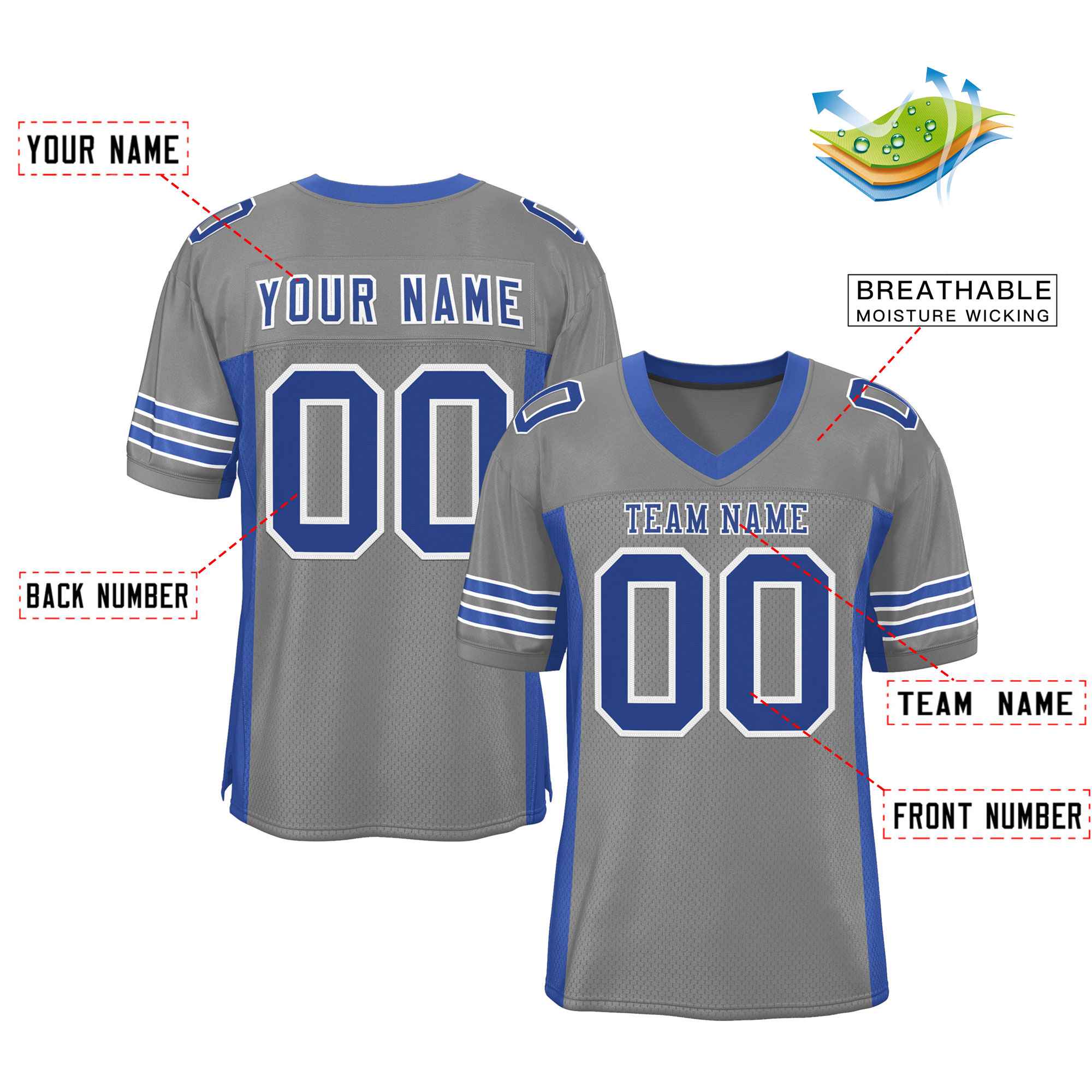 Custom Gray Royal Insert Color Design Mesh Authentic Football Jersey