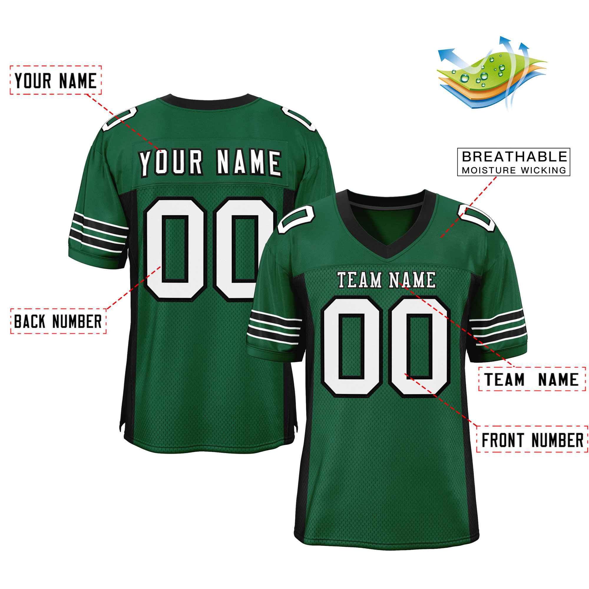 Custom Green Black Insert Color Design Mesh Authentic Football Jersey