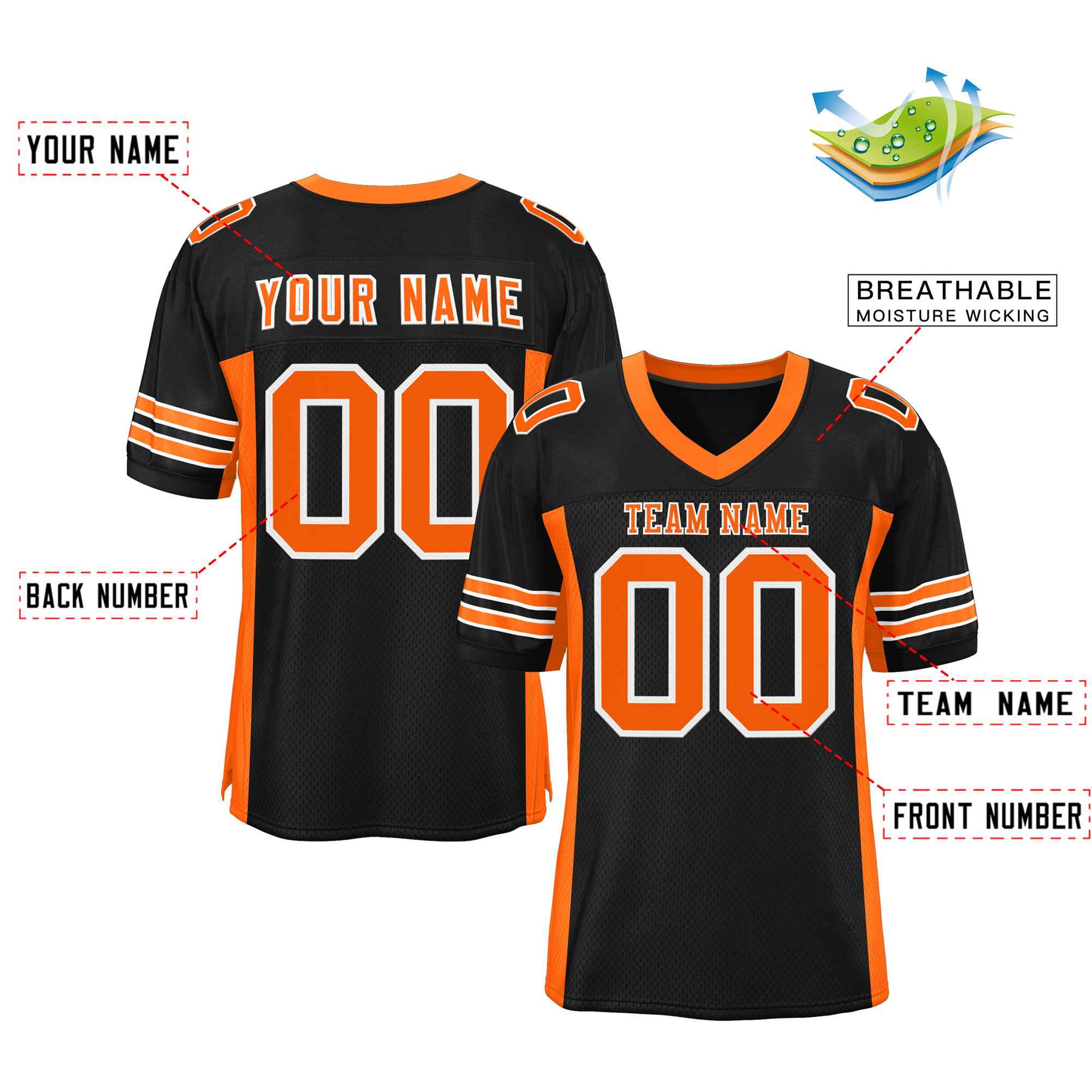 Custom Black Orange Insert Color Design Mesh Authentic Football Jersey