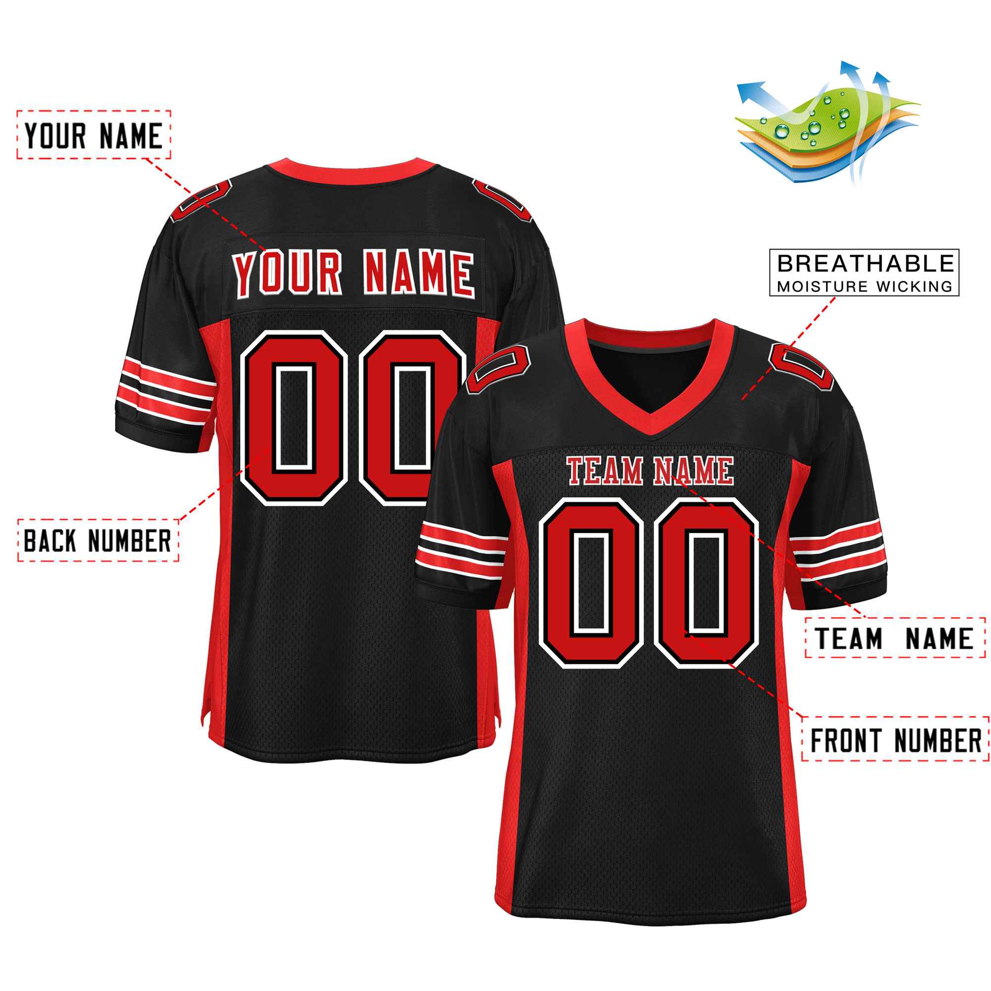 Custom Black Red Insert Color Design Mesh Authentic Football Jersey