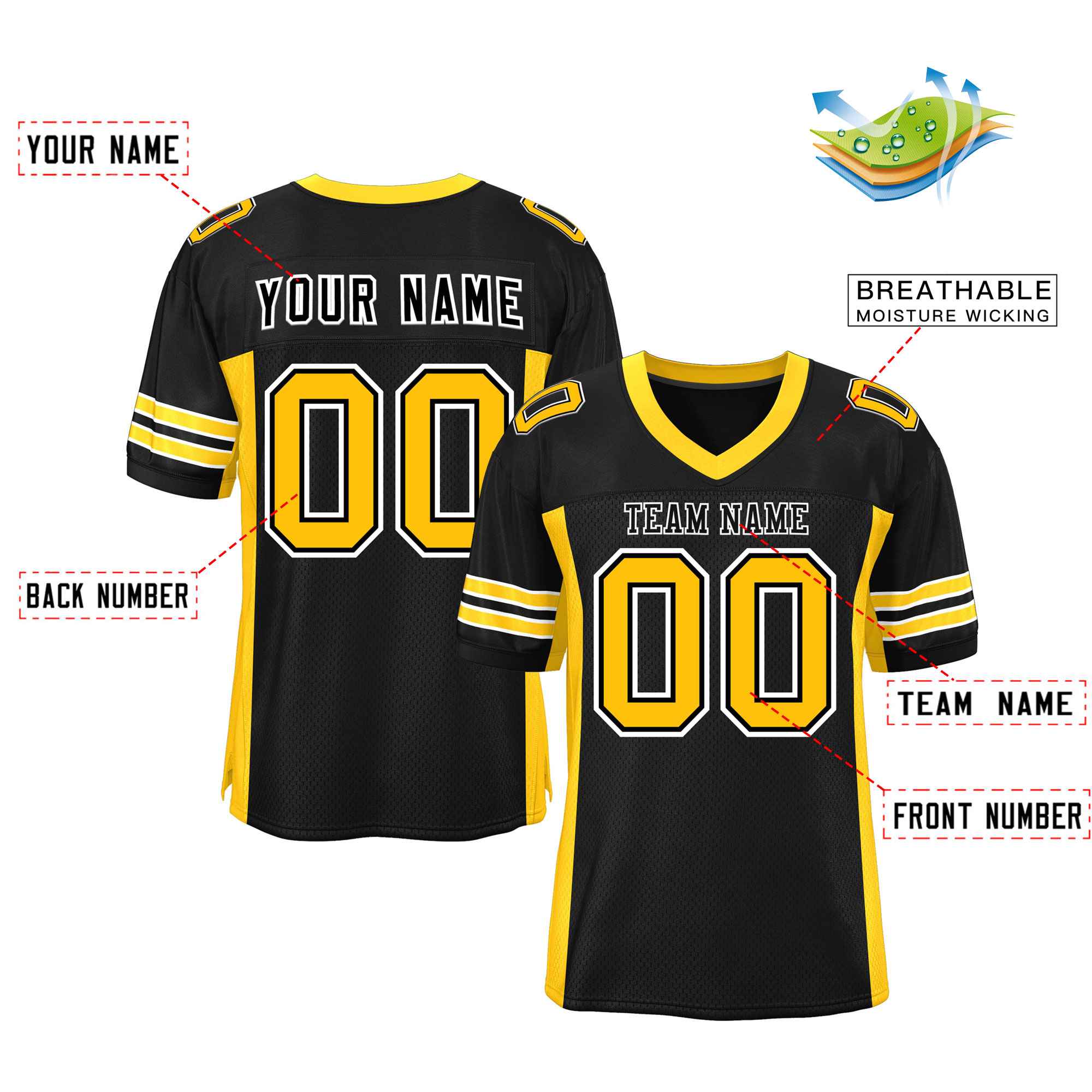 Custom Black Yellow Insert Color Design Mesh Authentic Football Jersey