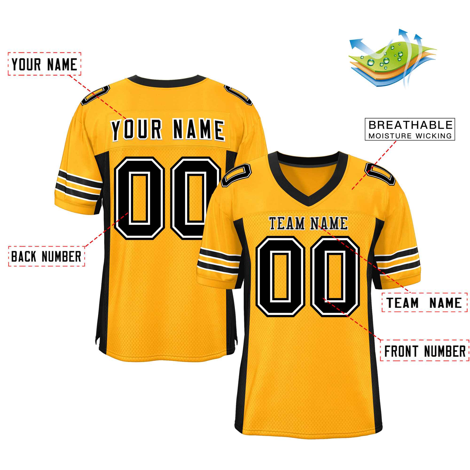 Custom Yellow Black Insert Color Design Mesh Authentic Football Jersey