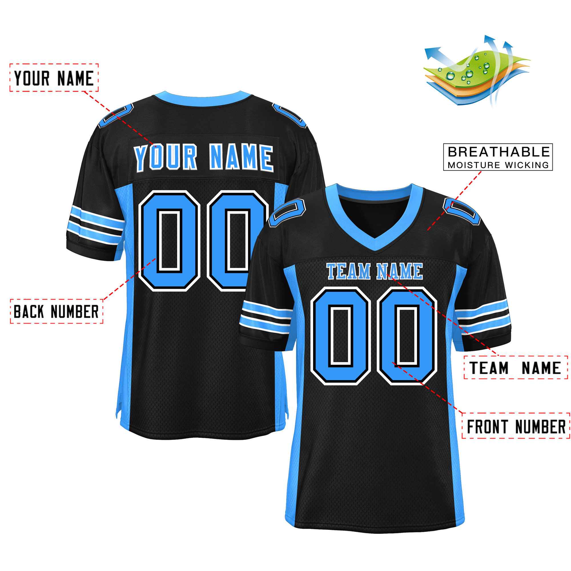 Custom Black Powder Blue Insert Color Design Mesh Authentic Football Jersey