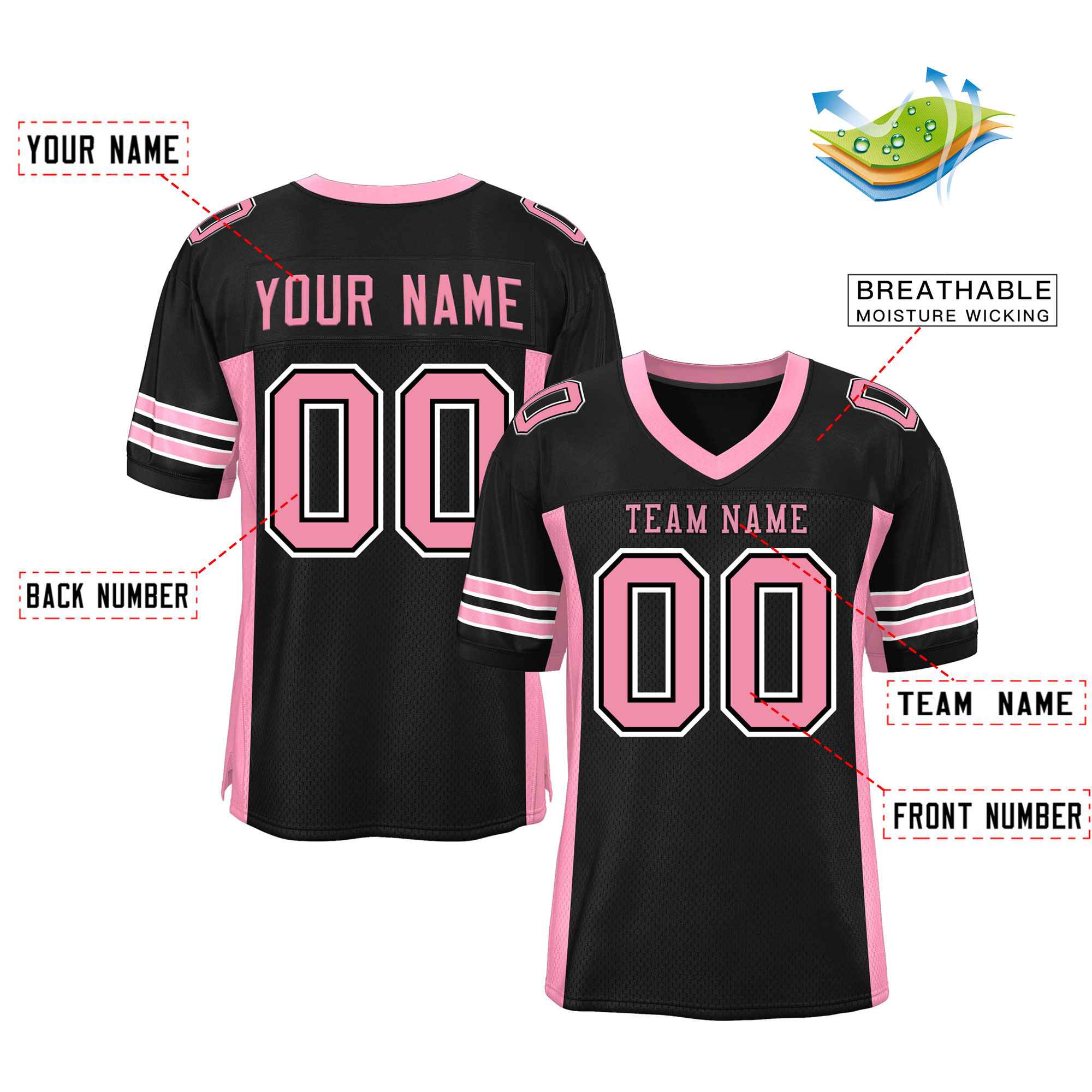 Custom Black Pink Insert Color Design Mesh Authentic Football Jersey