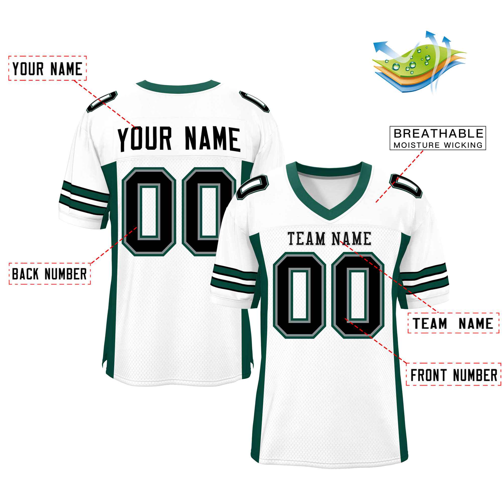 Custom White Midnight Green Insert Color Design Mesh Authentic Football Jersey