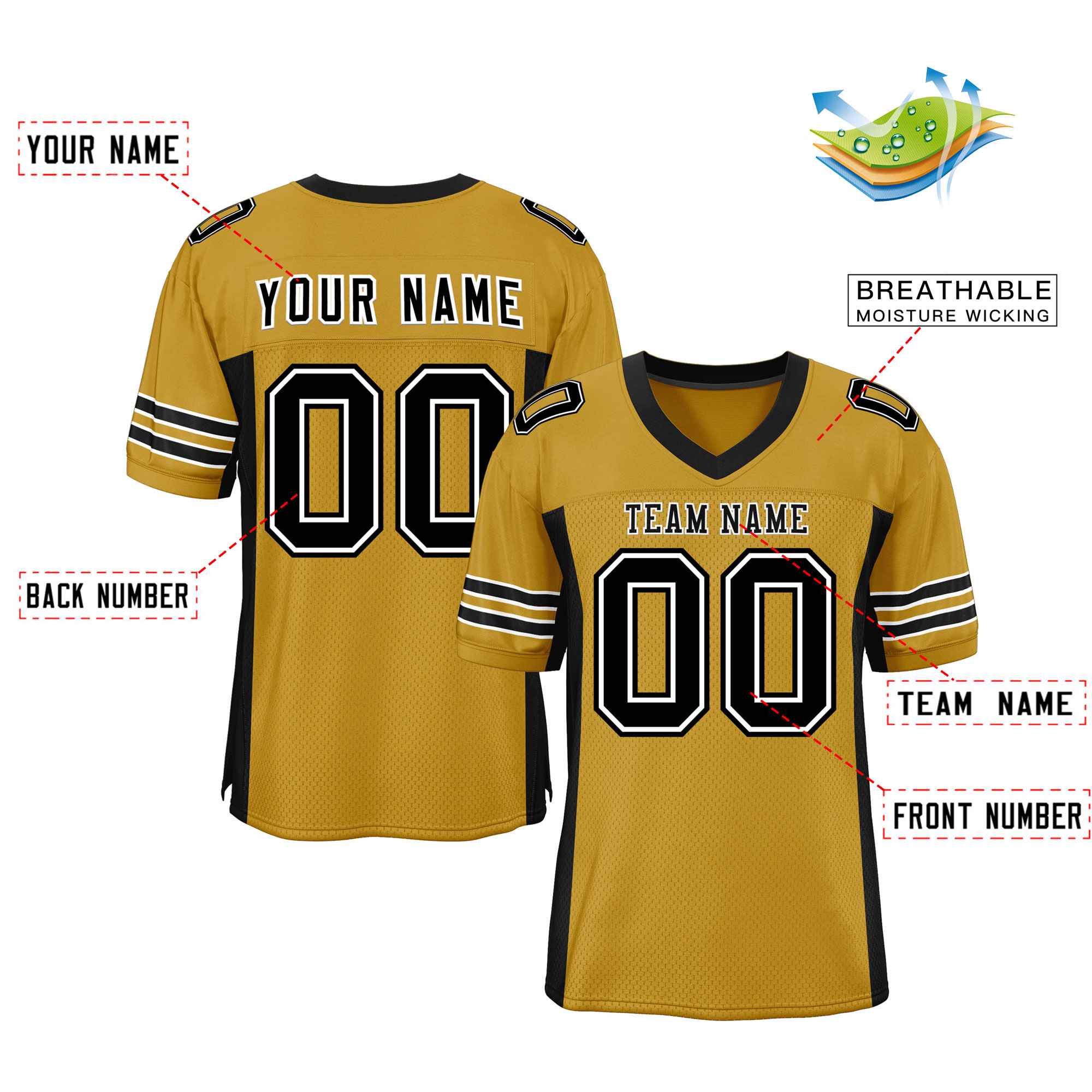 Custom Old Gold Black Insert Color Design Mesh Authentic Football Jersey