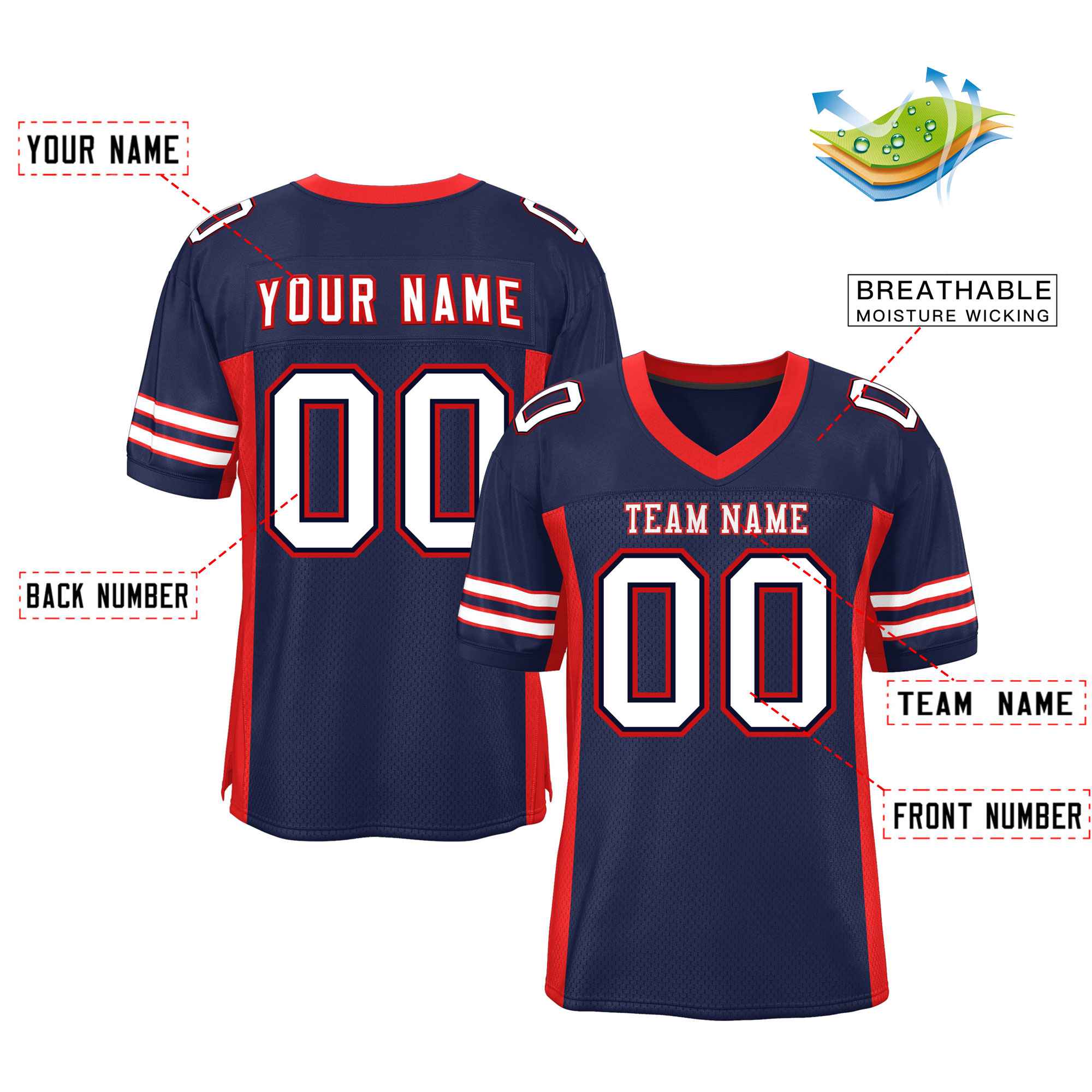 Custom Navy Red Insert Color Design Mesh Authentic Football Jersey