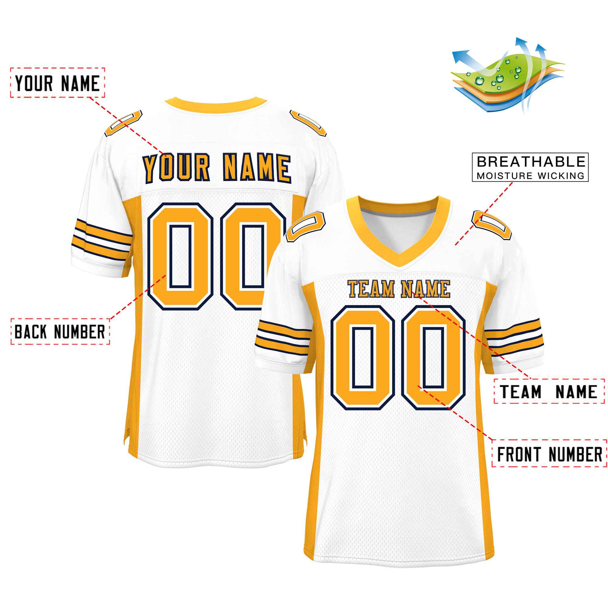 Custom White Yellow Insert Color Design Mesh Authentic Football Jersey