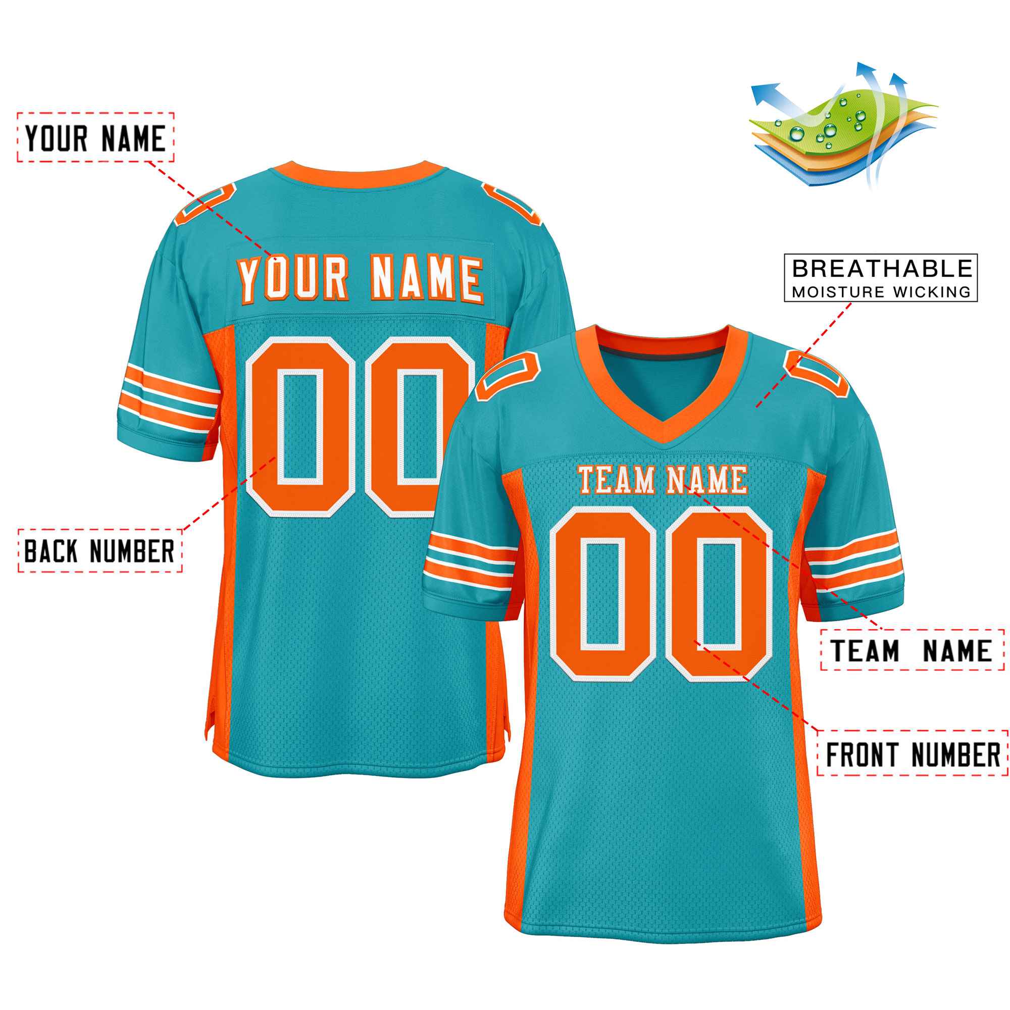 Custom Aqua Orange Insert Color Design Mesh Authentic Football Jersey