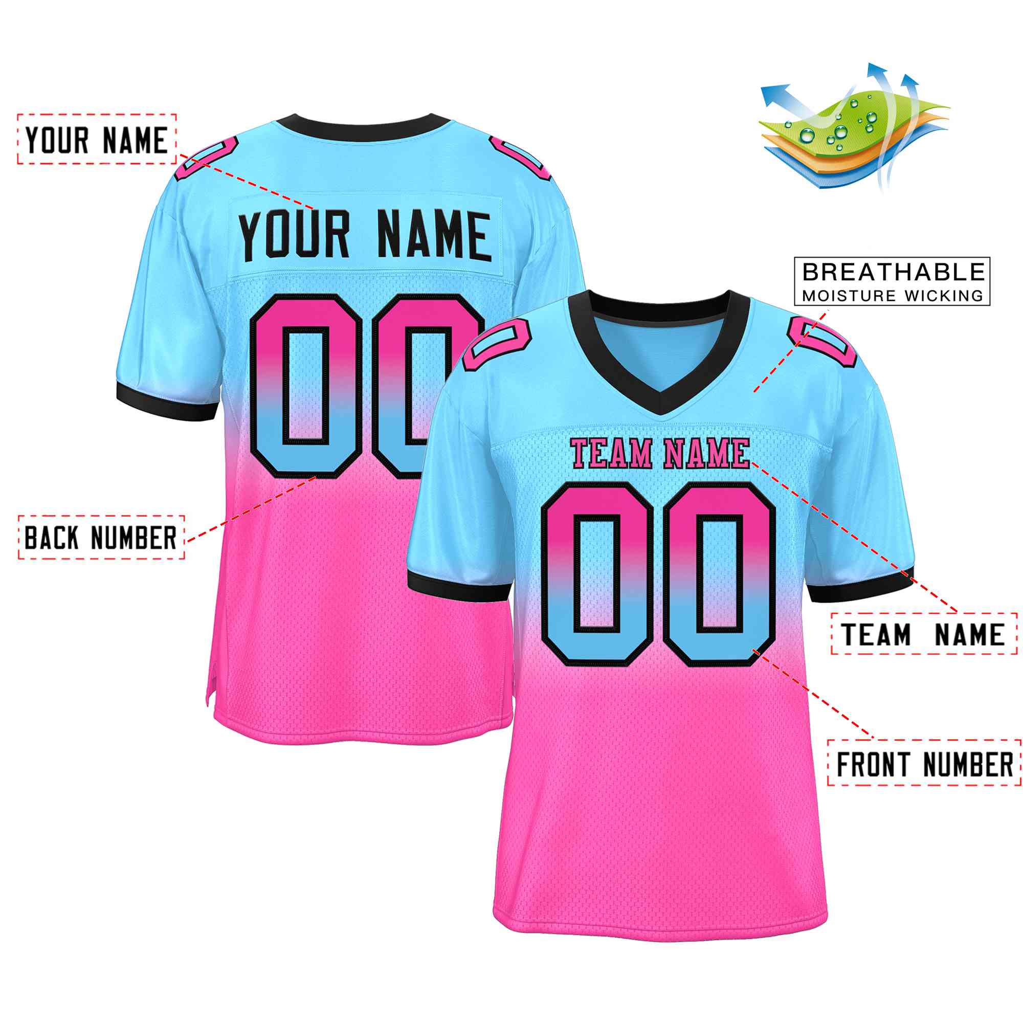 custom bule and pink breathable gradient football jersey