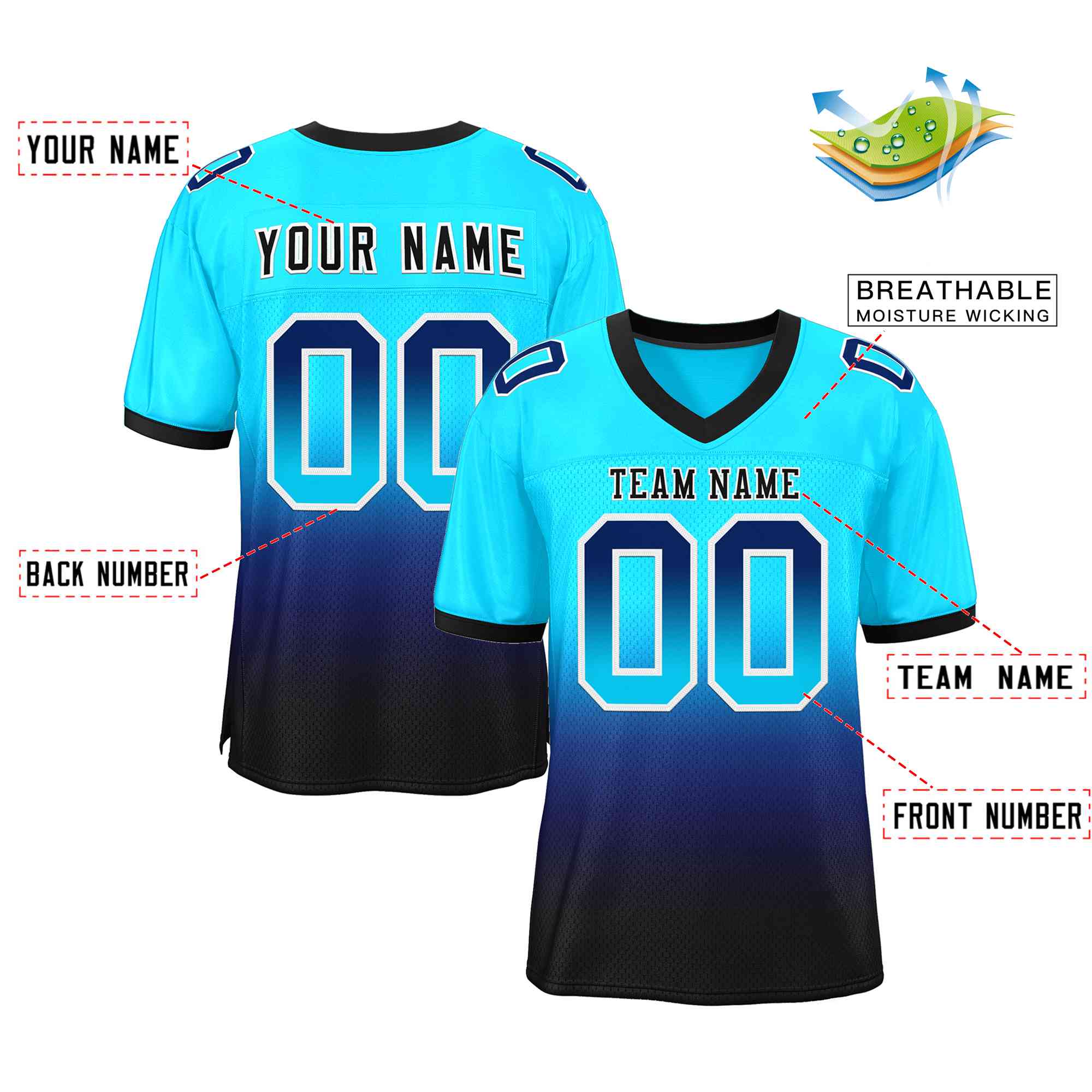 Custom Powder Blue Navy Black-White Gradient Fashion Outdoor Authentic Football Jersey