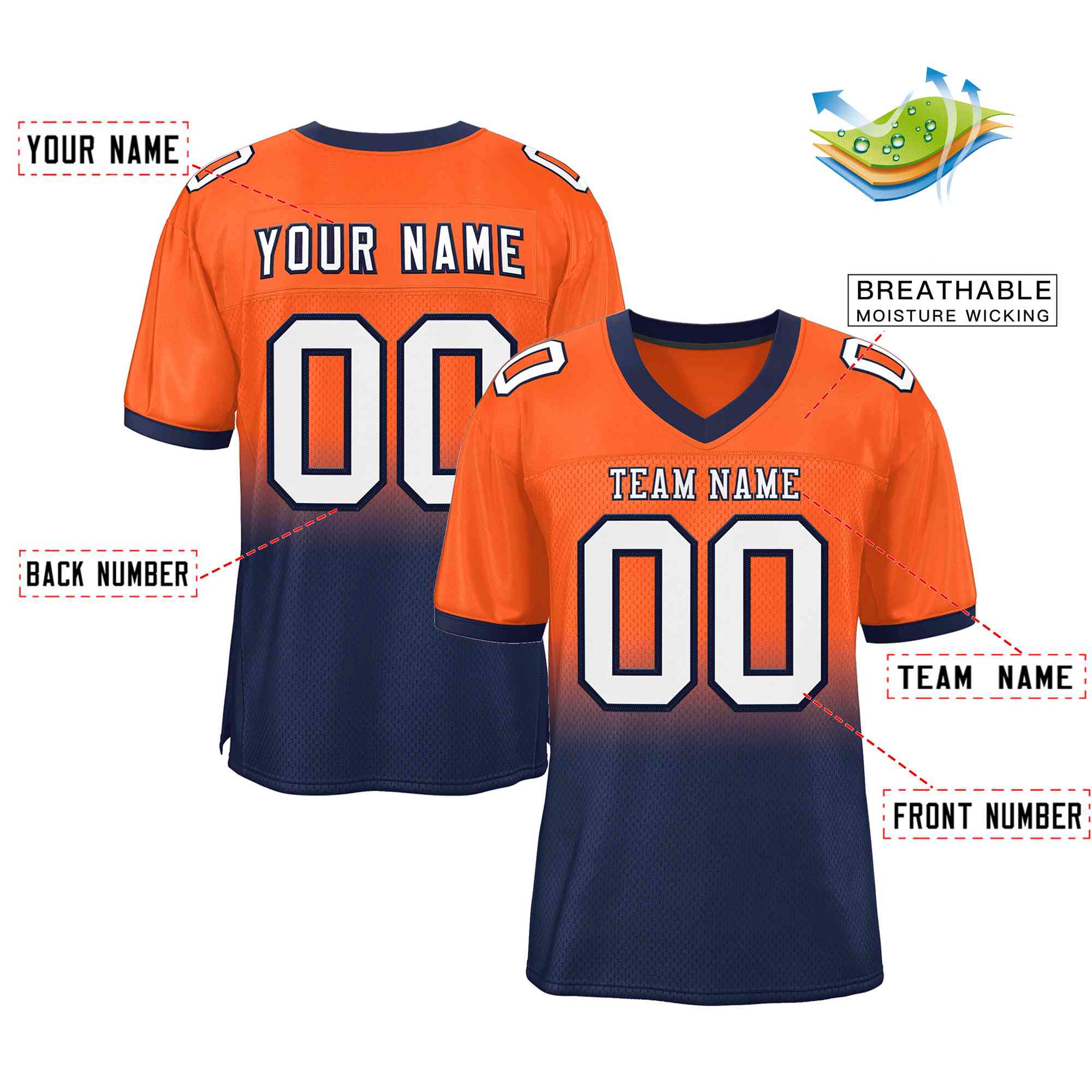 Custom Orange Navy-White Gradient Fashion Outdoor Authentic Football Jersey