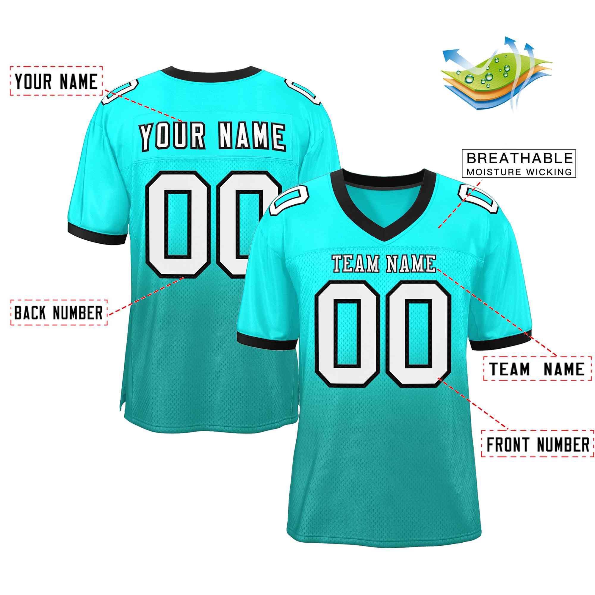 Custom Light Green Aqua White-Black Gradient Fashion Outdoor Authentic Football Jersey