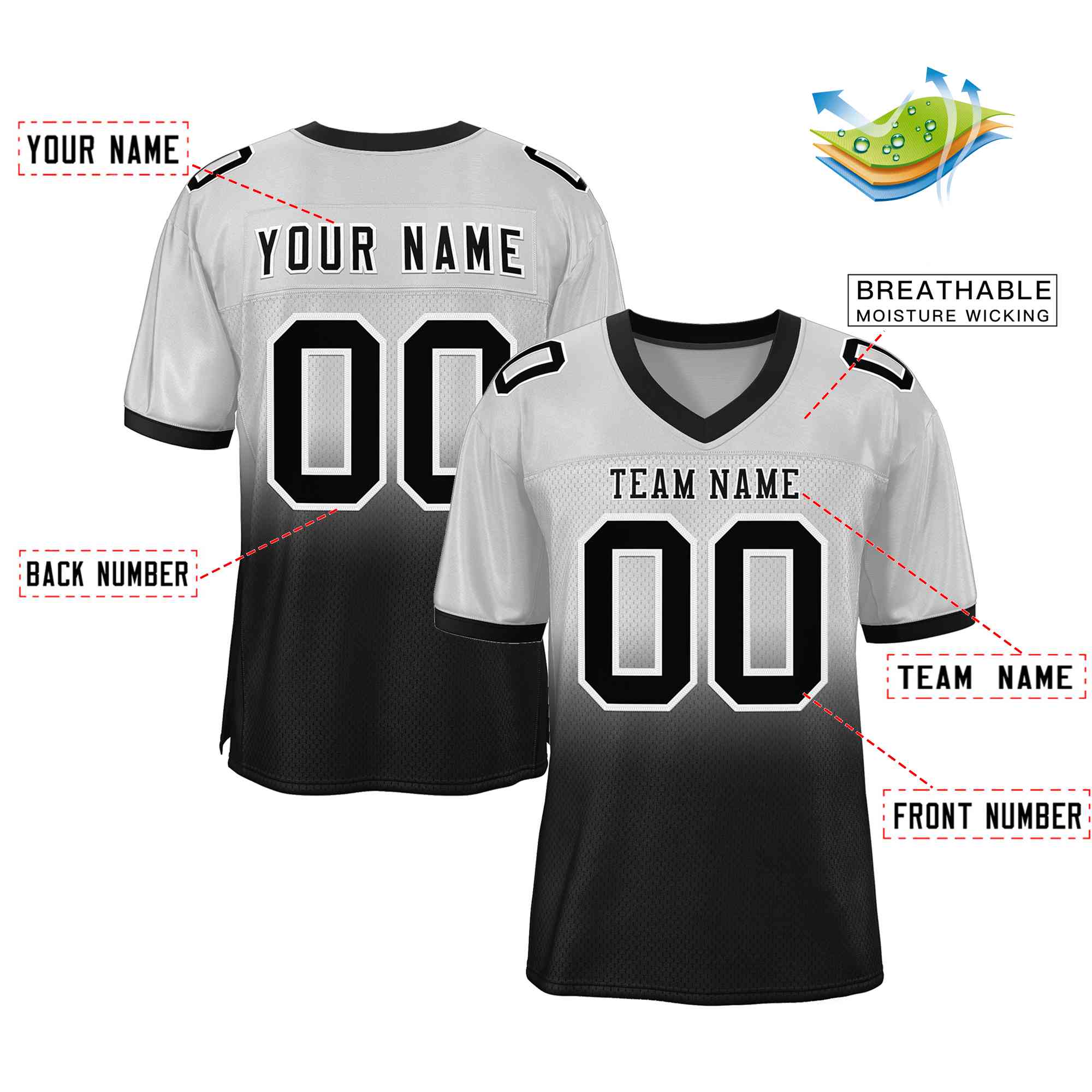 custom silver and black football jerseys