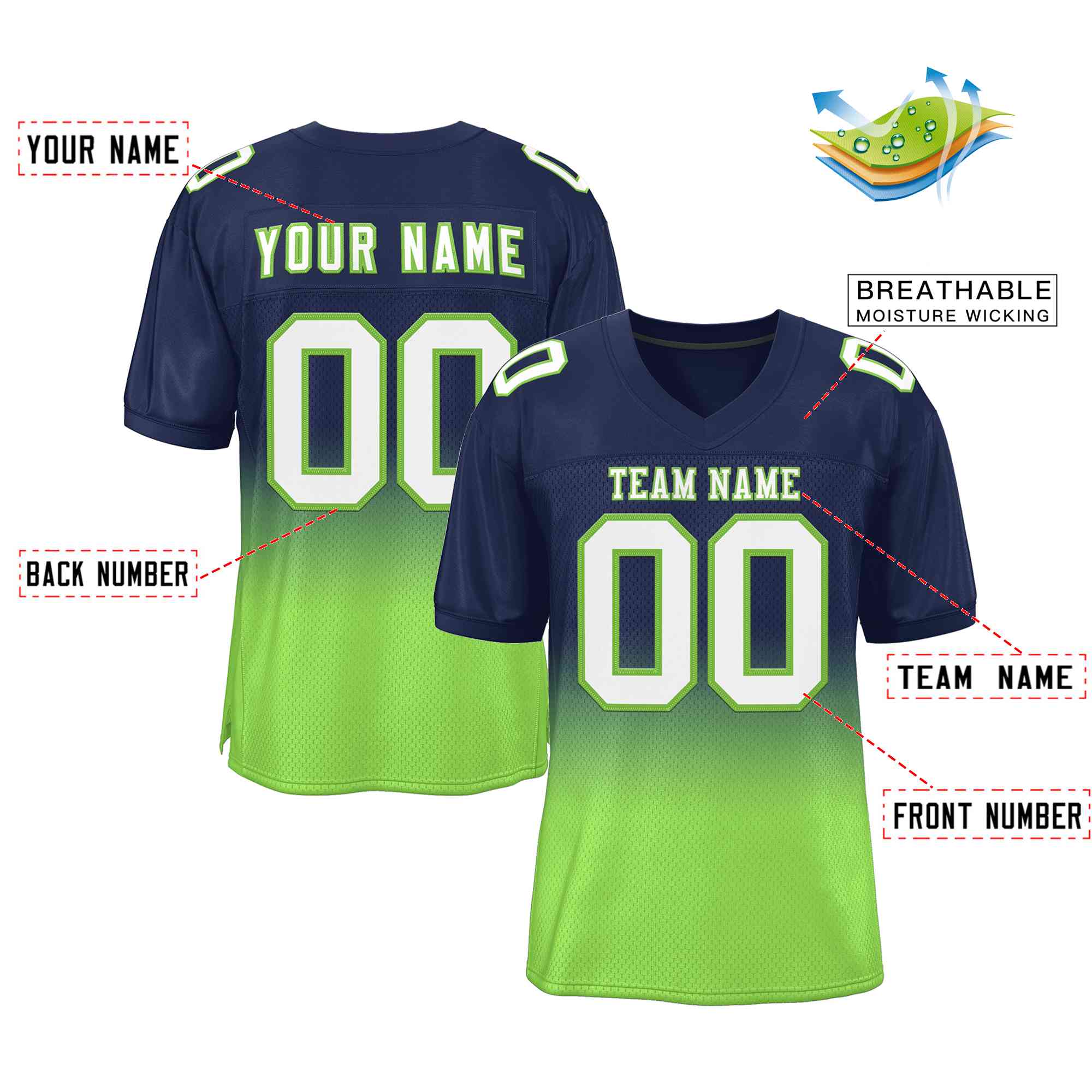 Custom Navy Neon Green White-Neon Green Gradient Fashion Outdoor Authentic Football Jersey