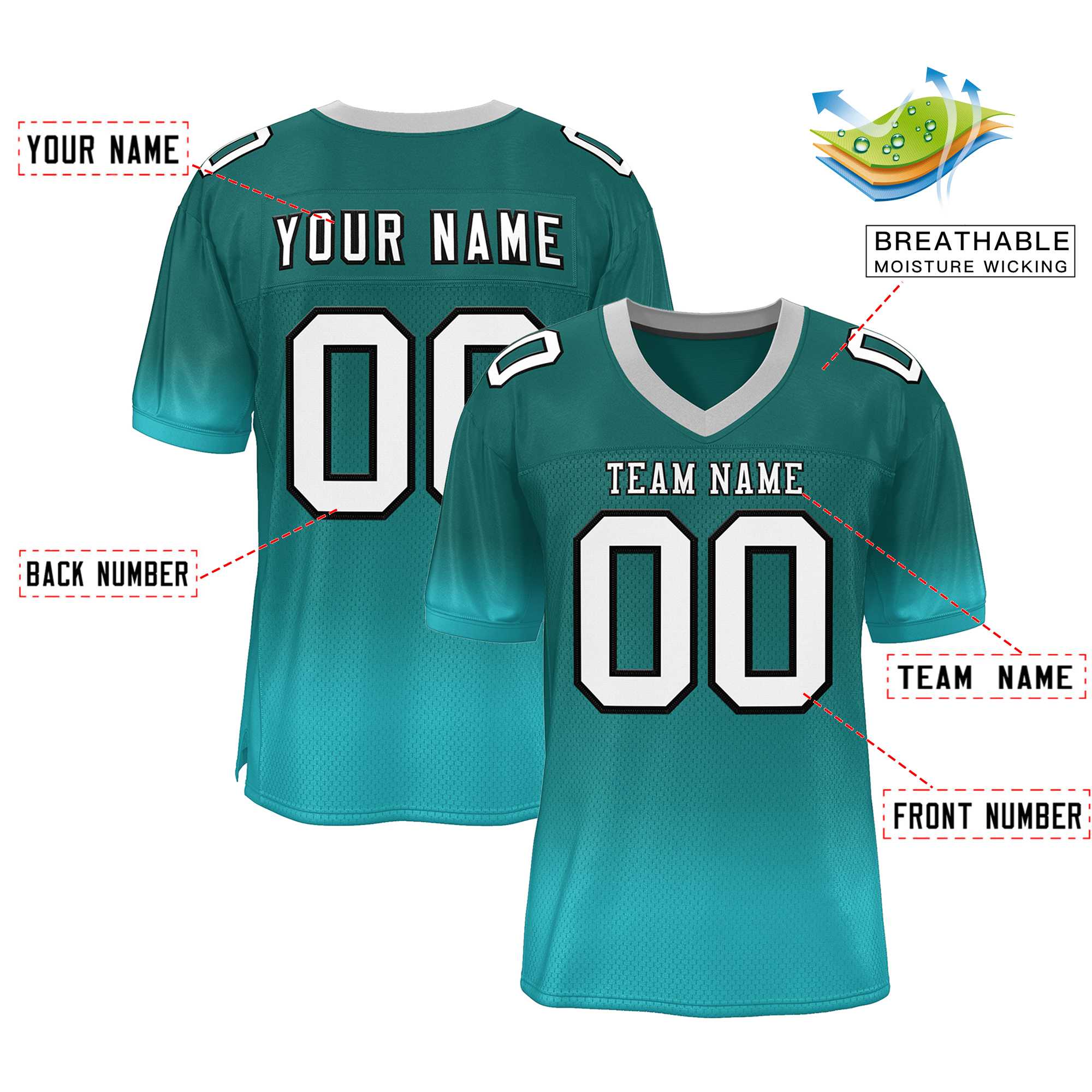 Custom Teal Aqua-White Gradient Fashion Personalized Team Football Jersey