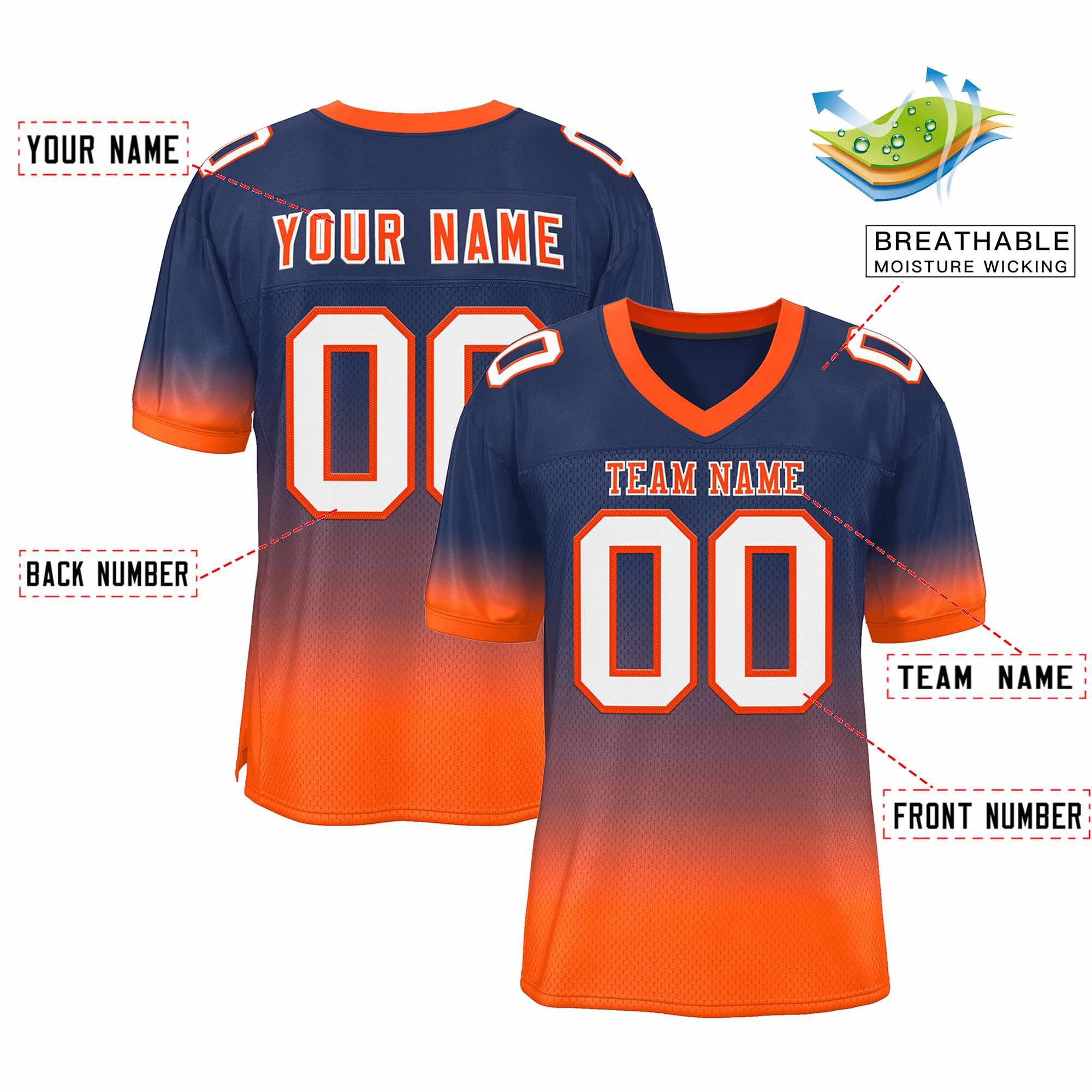 Custom Navy Orange-White Gradient Fashion Personalized Team Football Jersey