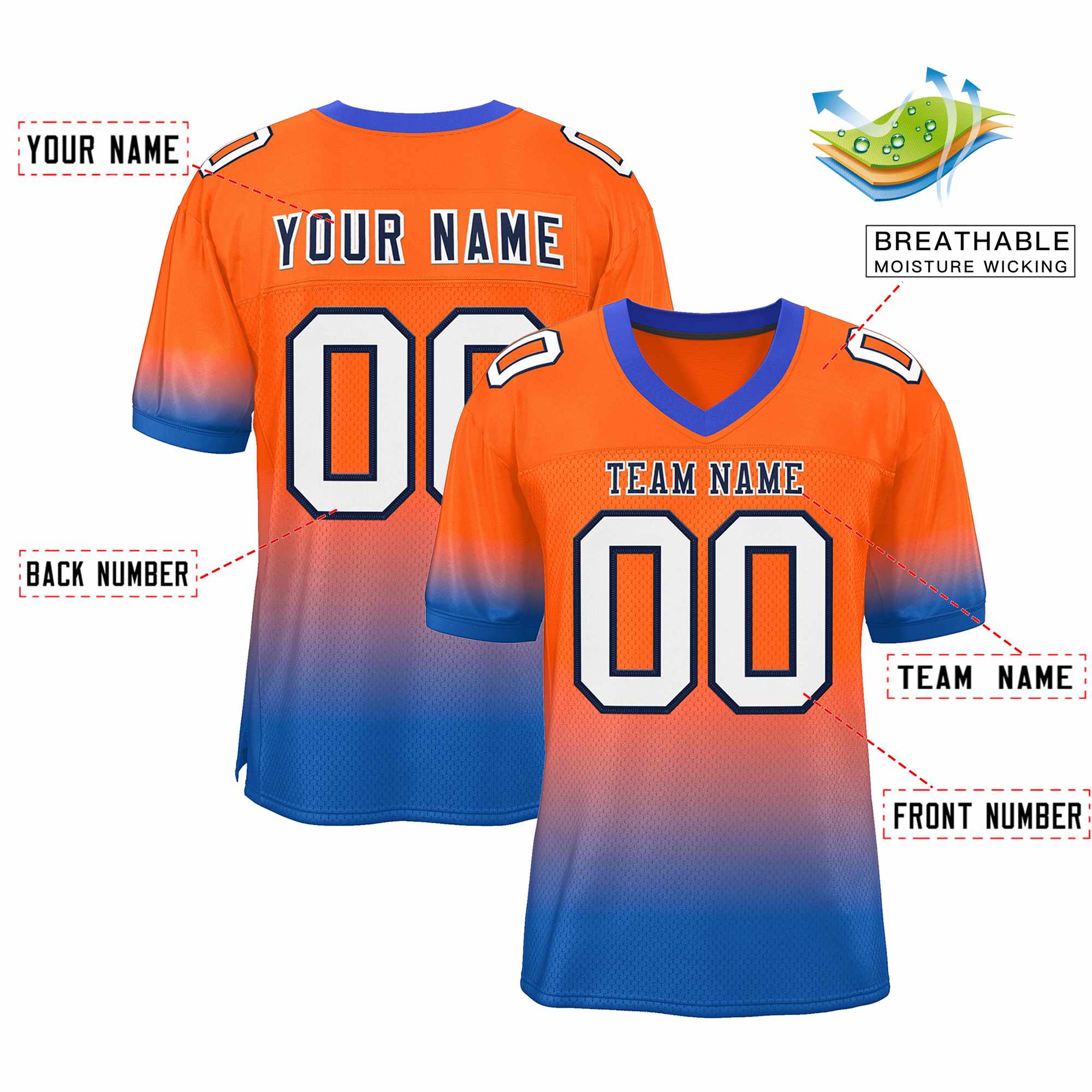 Custom Orange Royal-White Gradient Fashion Personalized Team Football Jersey