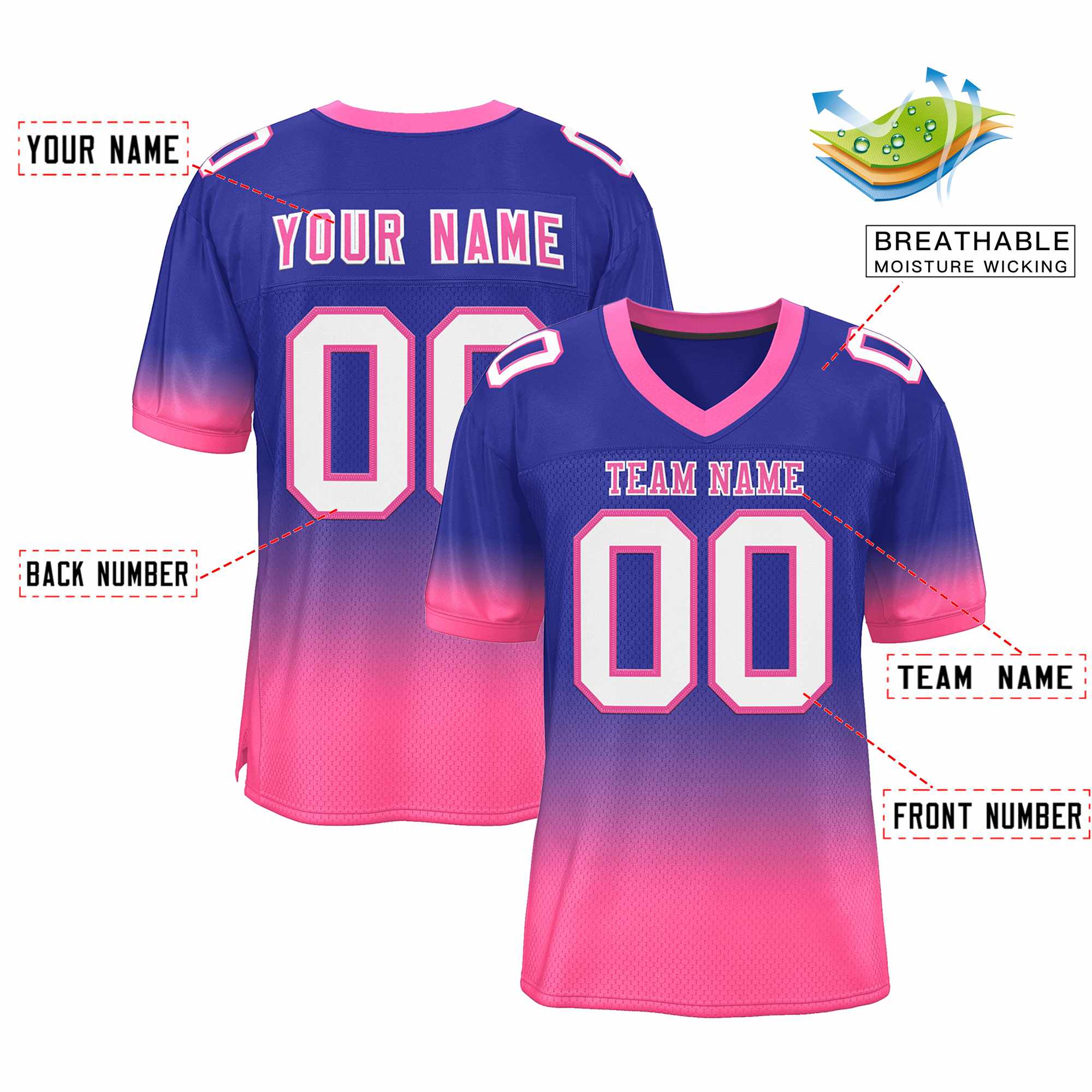 Custom Purple Pink-White Gradient Fashion Personalized Team Football Jersey