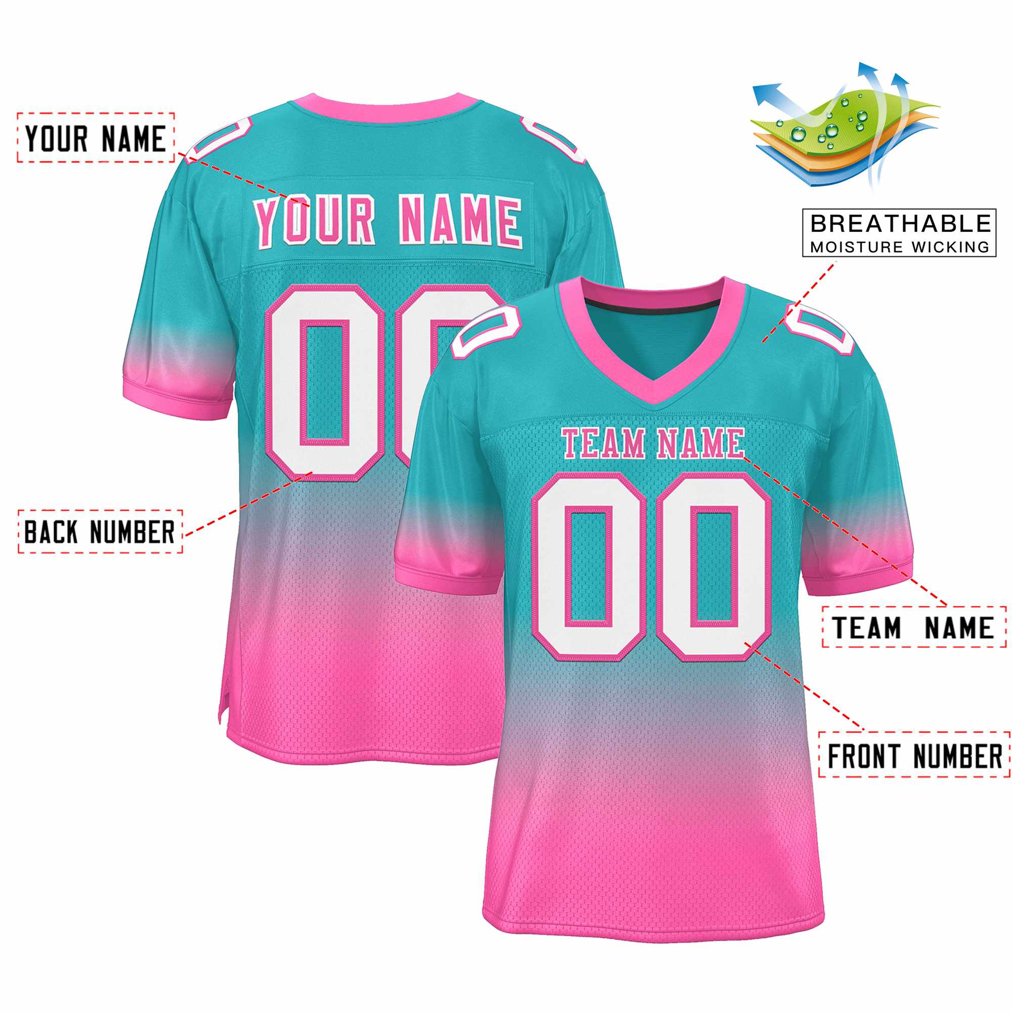 Custom Aqua Pink-White Gradient Fashion Personalized Team Football Jersey