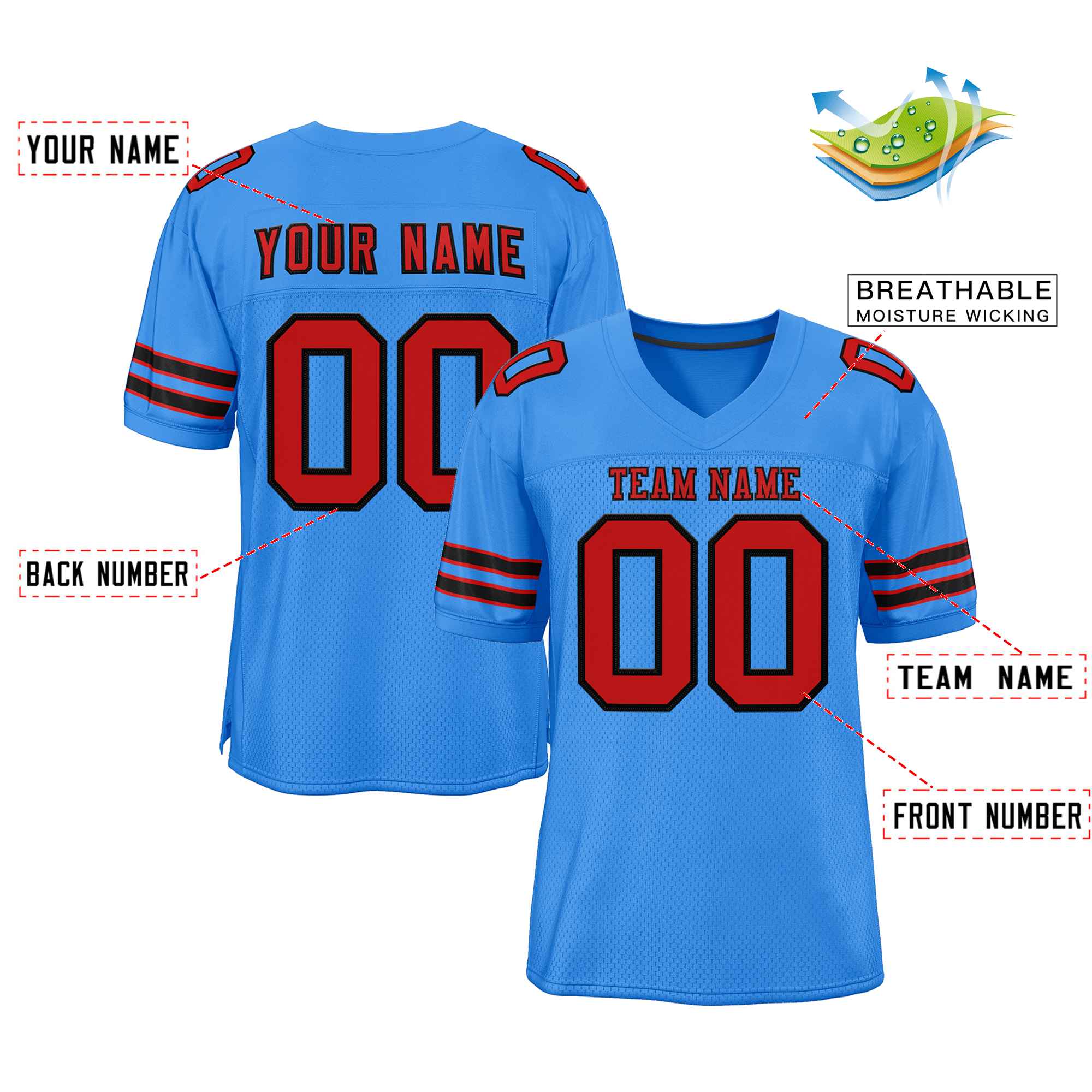 Custom Powder Blue Red-Black Classic Style Authentic Football Jersey