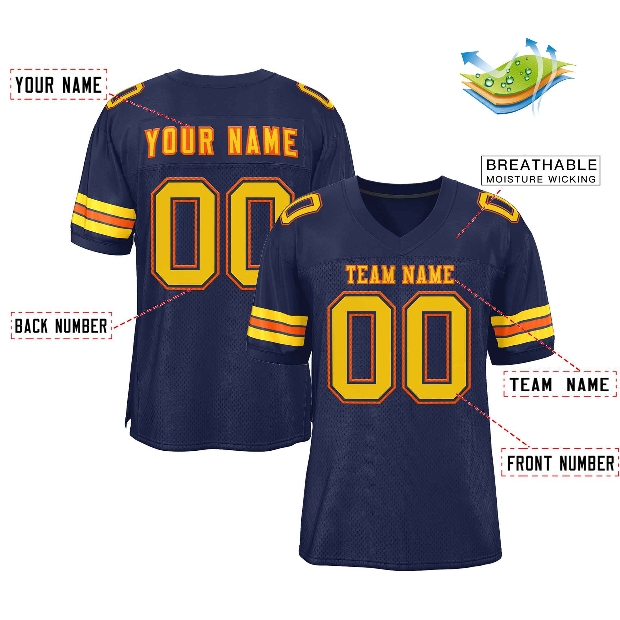 Custom Navy Gold-Orange Classic Style Authentic Football Jersey