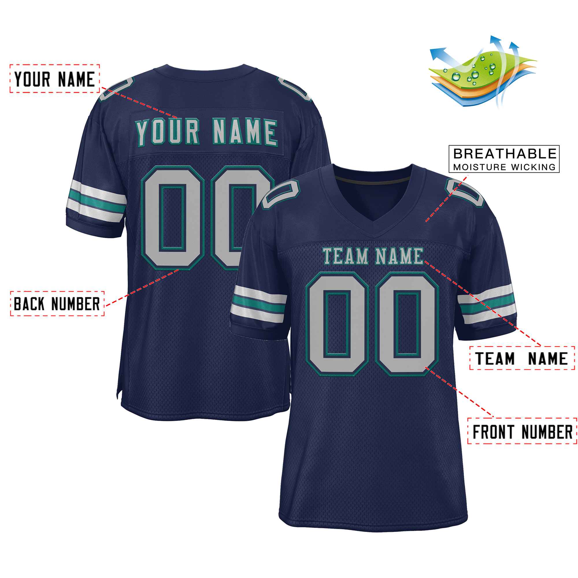 Custom Navy Gray-Aqua Classic Style Authentic Football Jersey