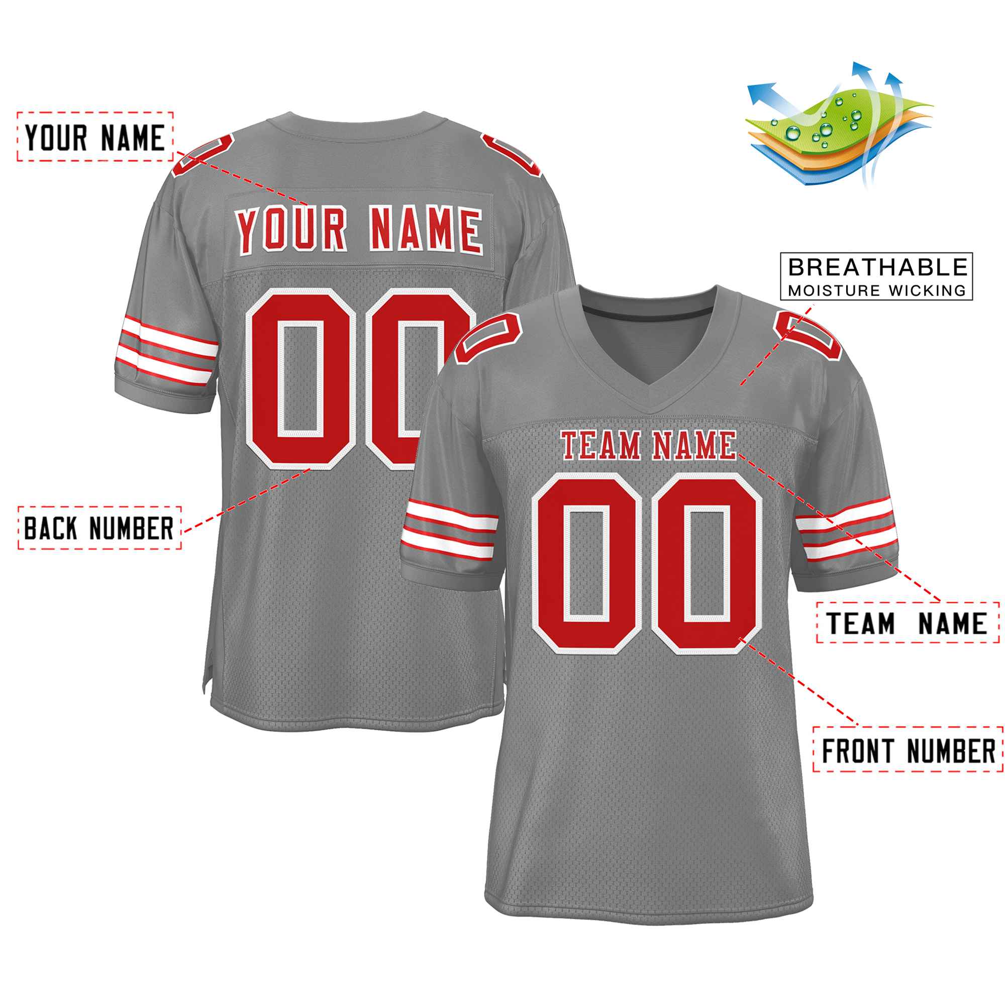 Custom Gray Red-White Classic Style Authentic Football Jersey