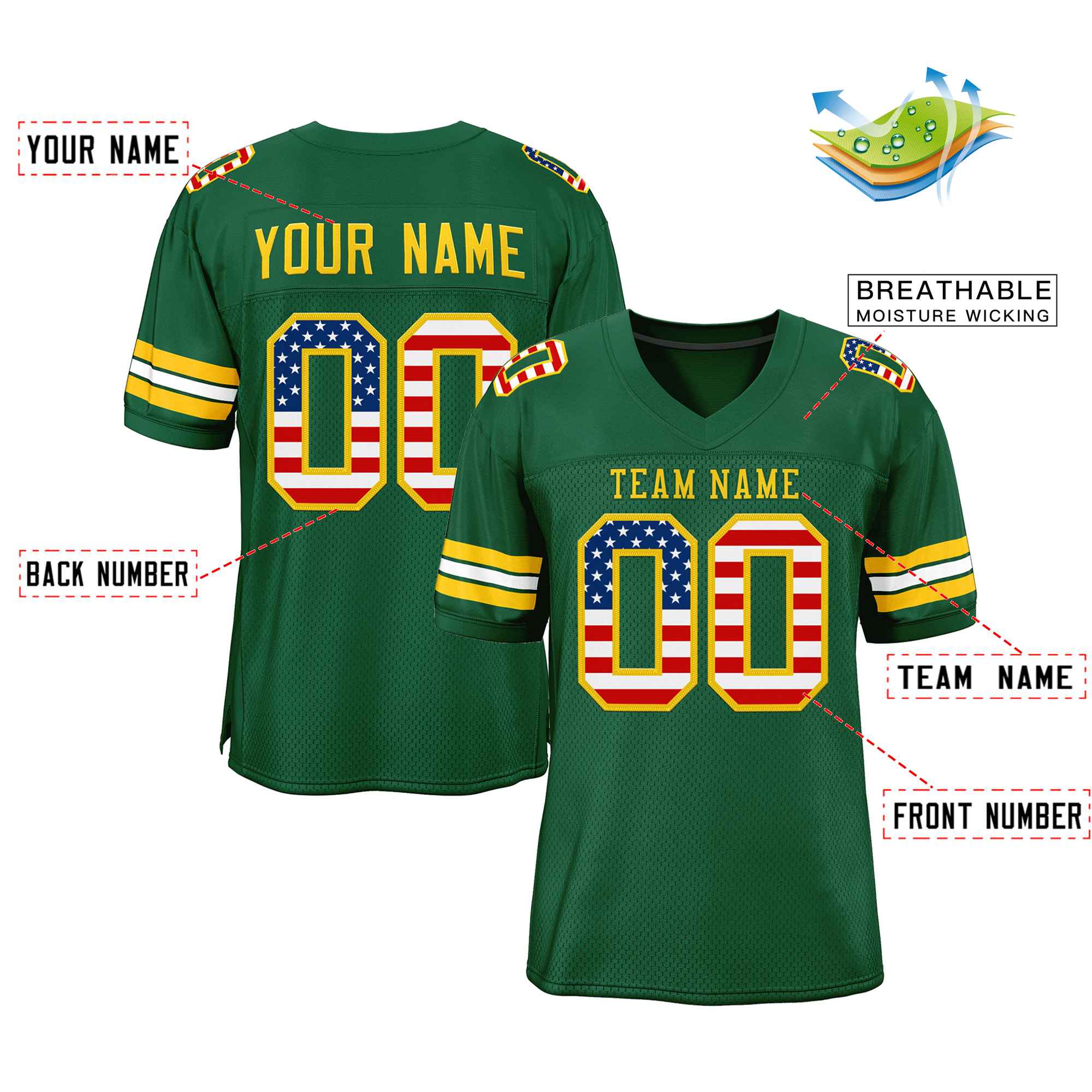 Custom Green Gold-Red Classic Style Authentic Football Jersey