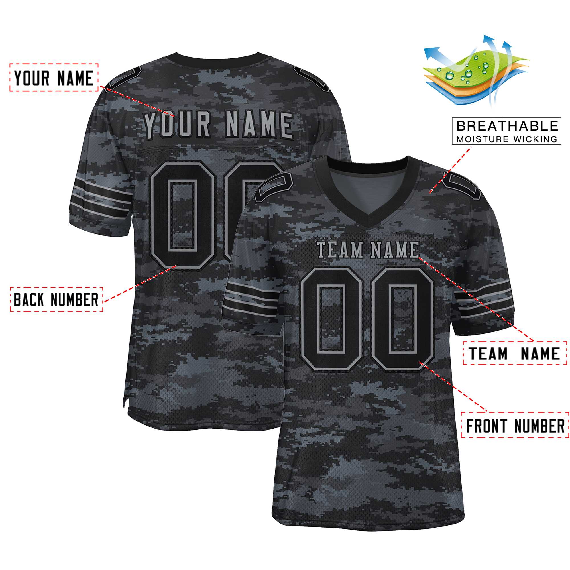 Custom Camo Black-Gray Mesh Authentic Football Jersey