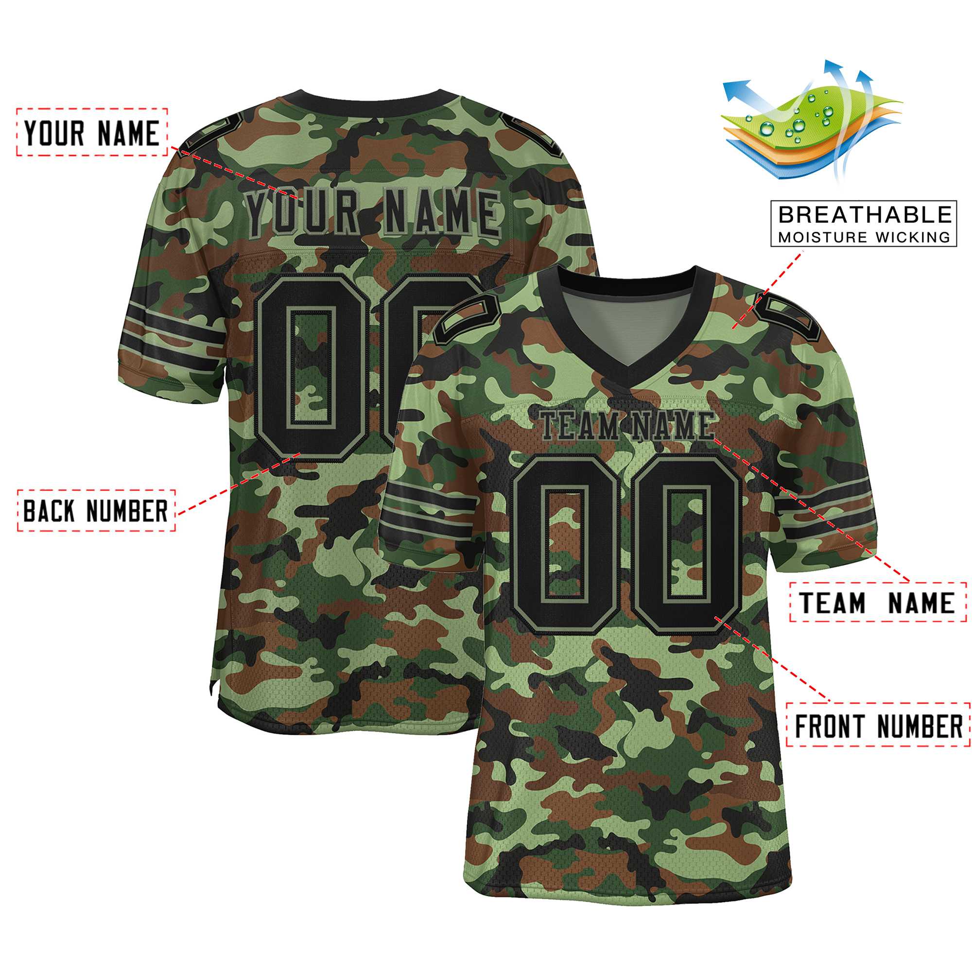 Custom Camo Black-Green Mesh Authentic Football Jersey