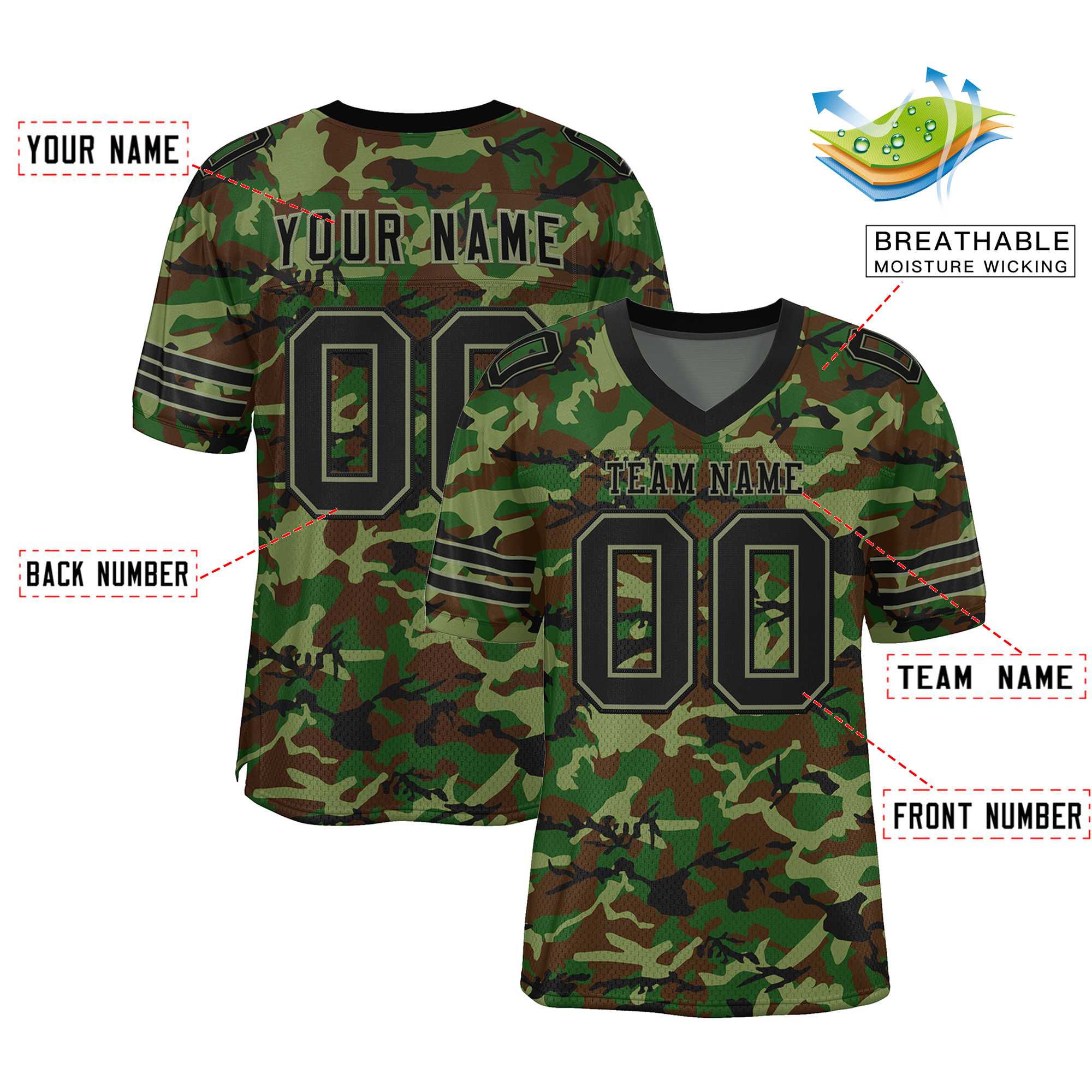 Custom Camo Black-Green Mesh Authentic Football Jersey