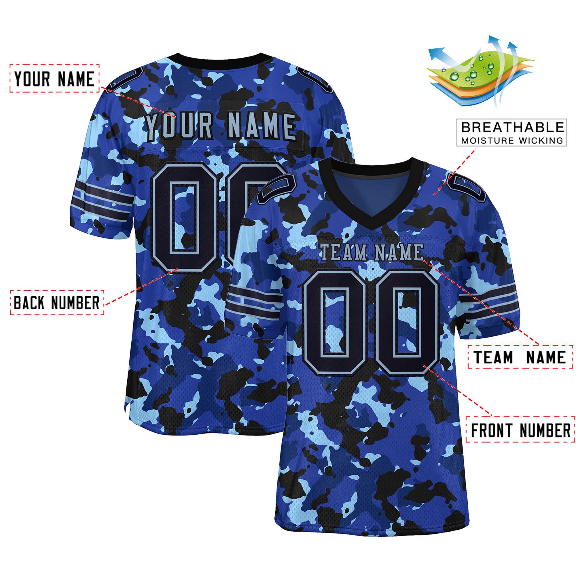 Custom Camo Black-Light Blue Mesh Authentic Football Jersey