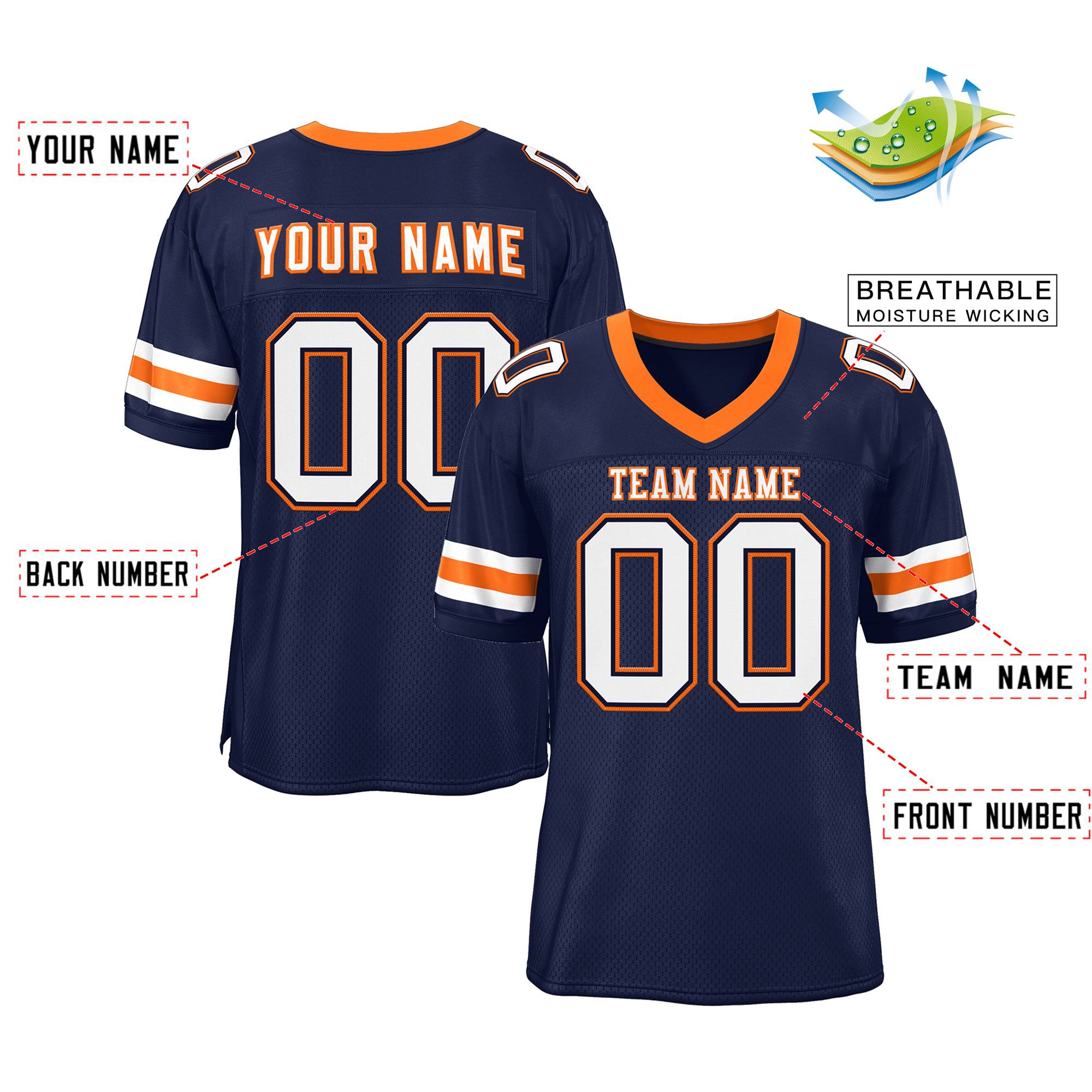 Custom Navy White-Orange Classic Style Mesh Authentic Football Jersey