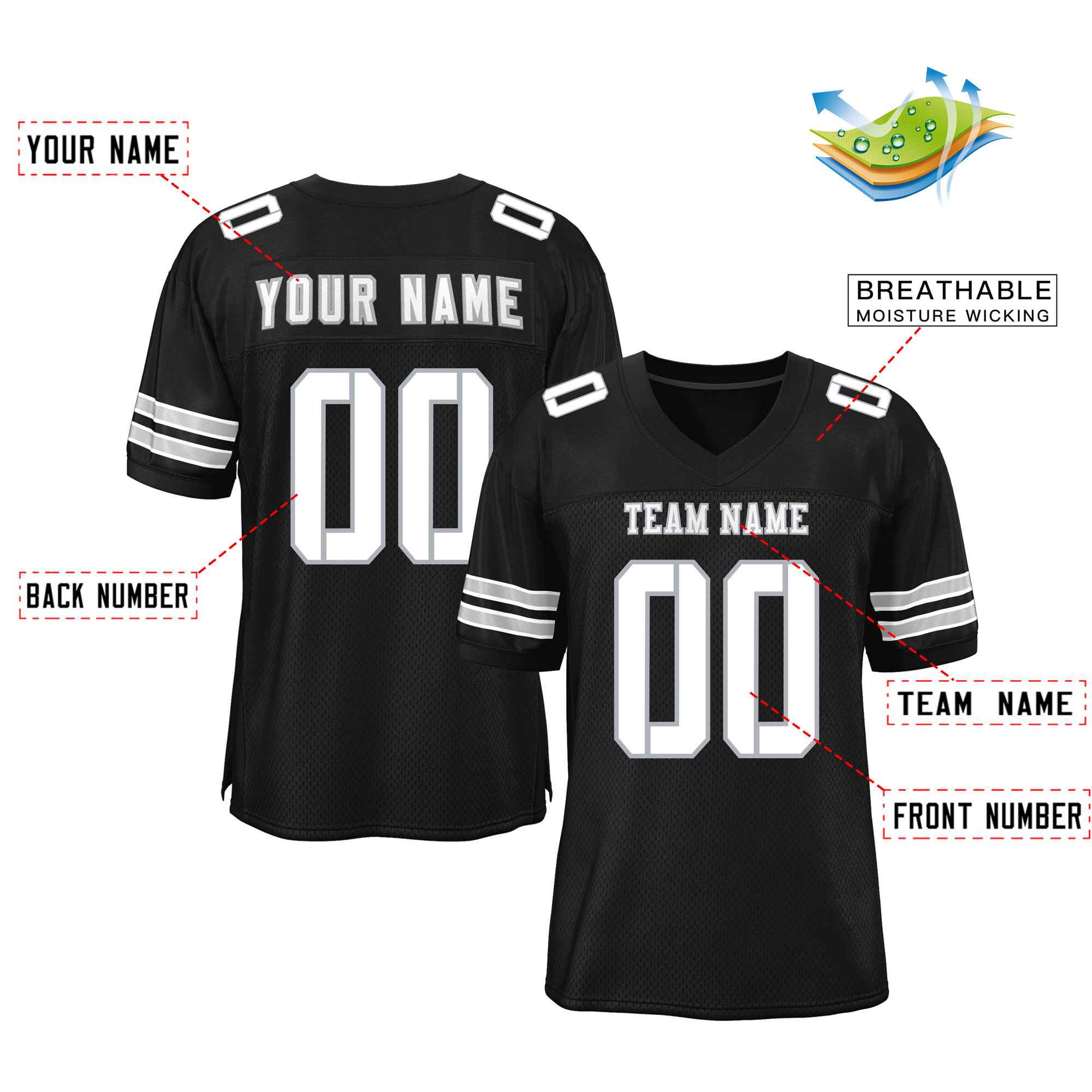 Custom Black White Classic Style Mesh Authentic Football Jersey