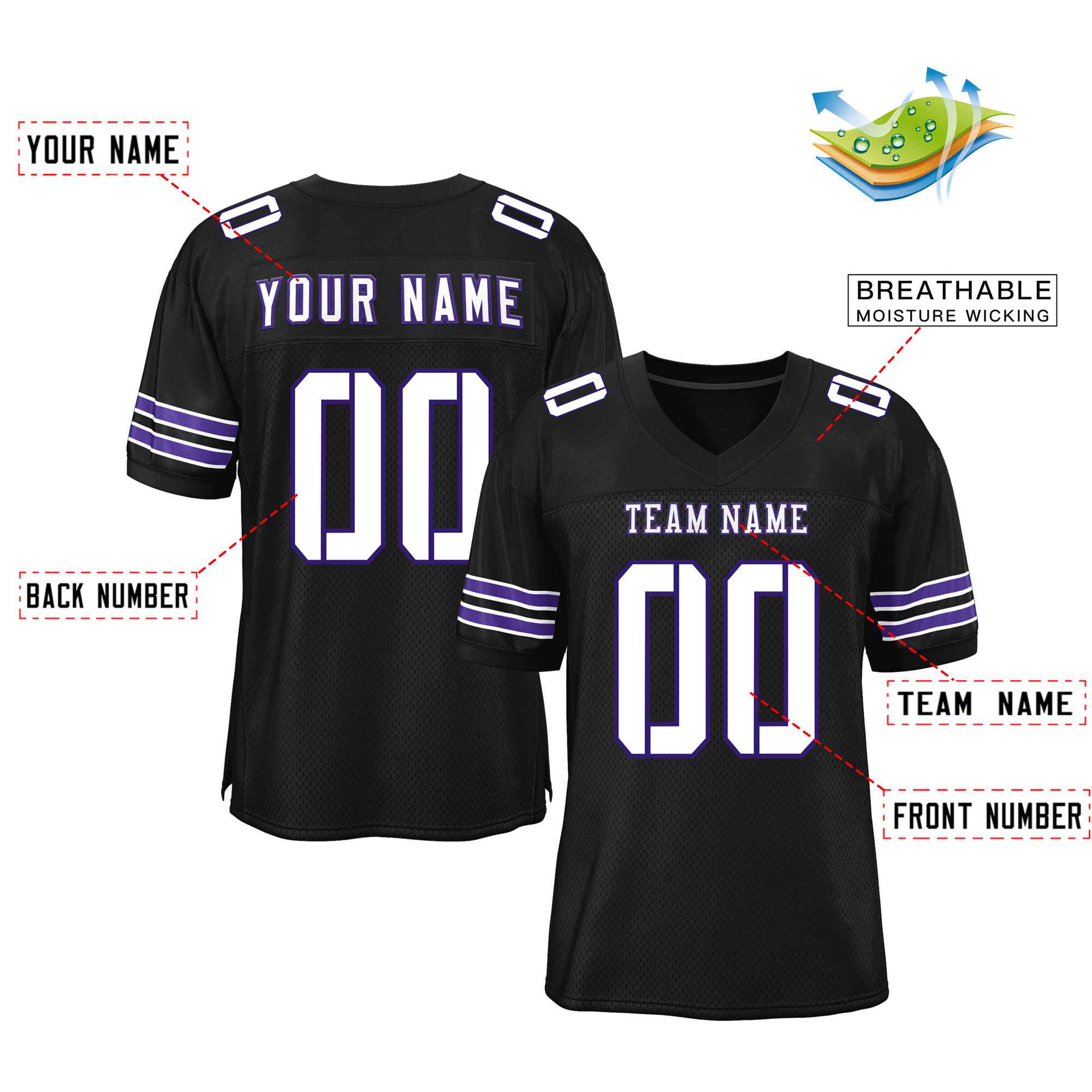 Custom Black White-Purple Classic Style Mesh Authentic Football Jersey