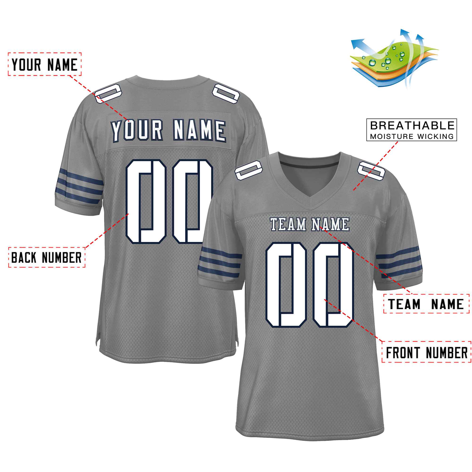 Custom Gray White-Navy Classic Style Mesh Authentic Football Jersey