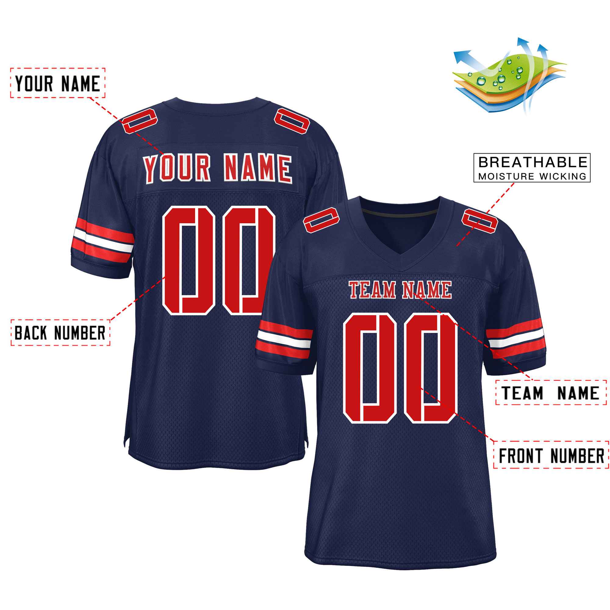 Custom Navy Red-White Classic Style Mesh Authentic Football Jersey