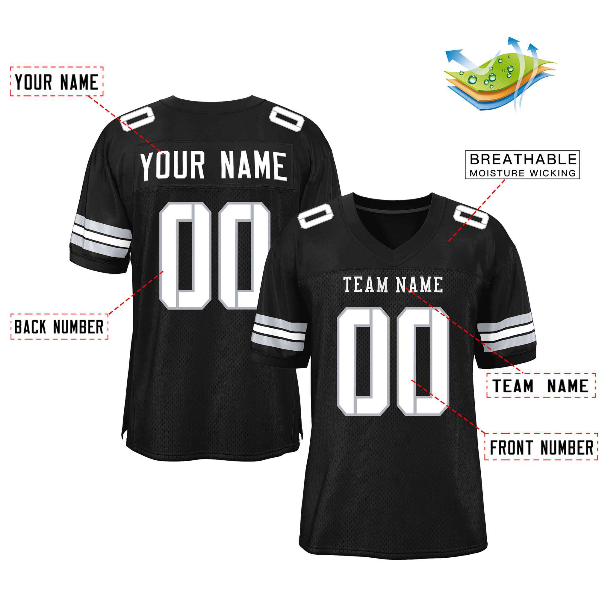 Custom Black White-Gray Classic Style Mesh Authentic Football Jersey