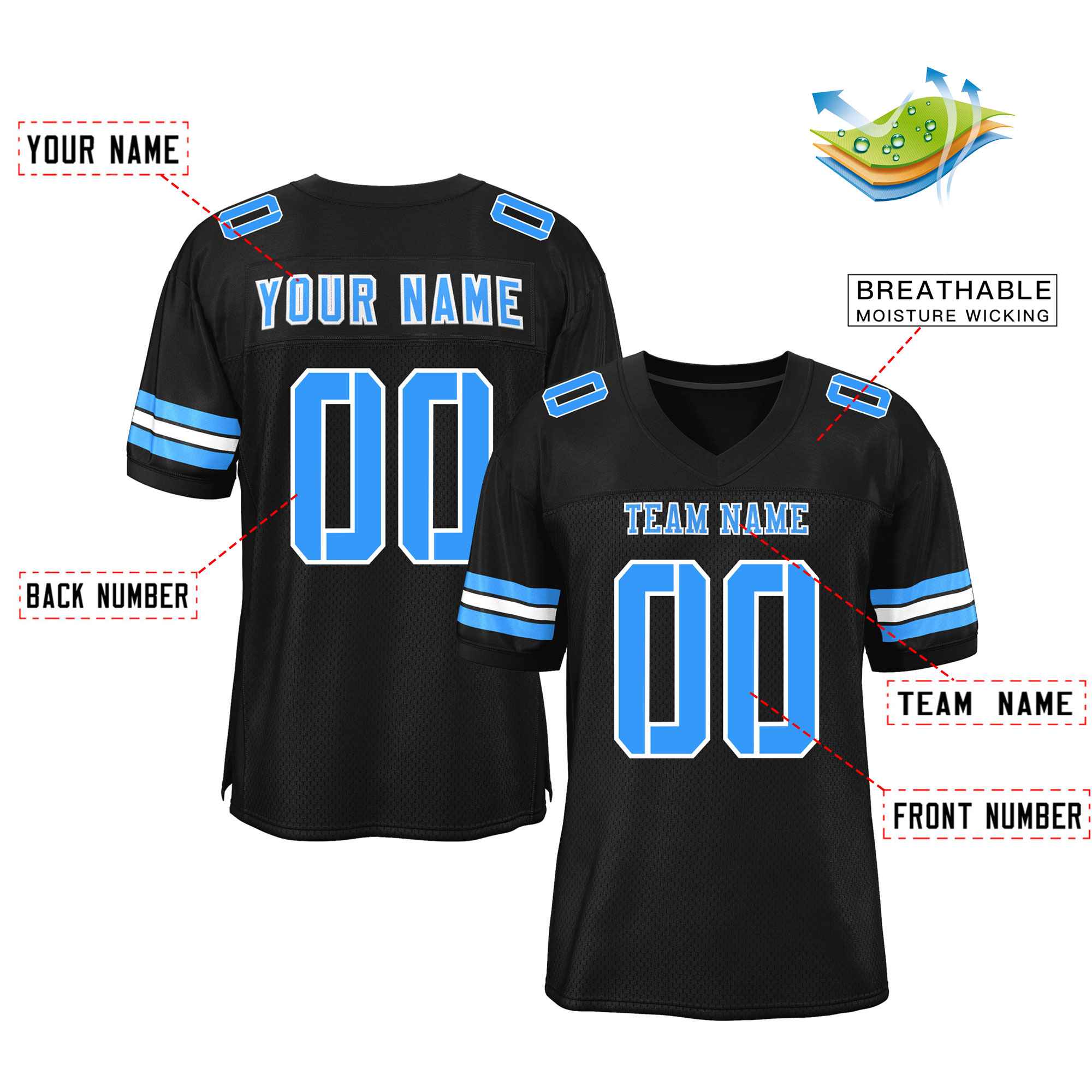 Custom Black Powder Blue-White Classic Style Mesh Authentic Football Jersey