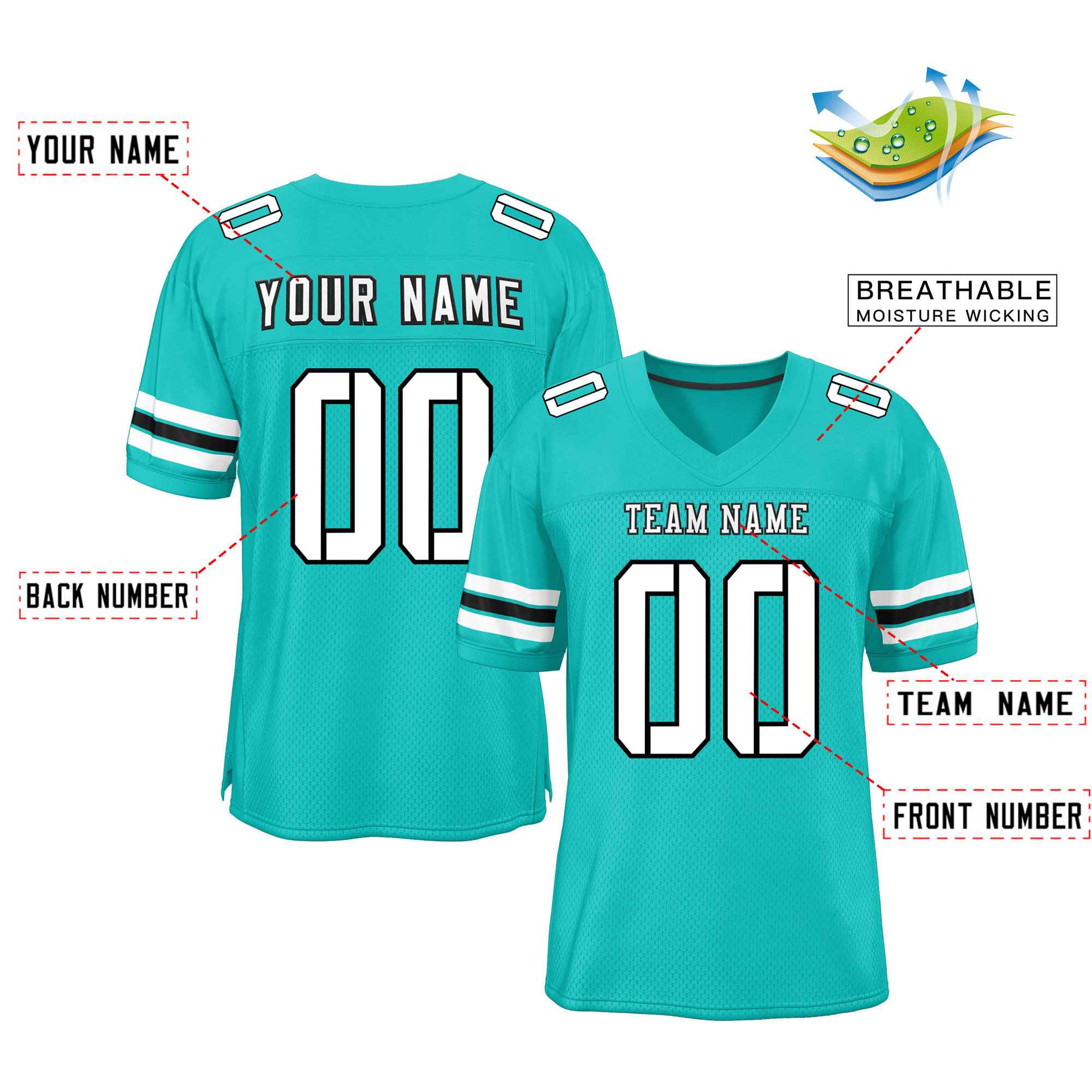 Custom Aqua White-Black Classic Style Mesh Authentic Football Jersey