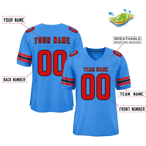 Custom Powder Blue Red-Black Classic Style Mesh Authentic Football Jersey