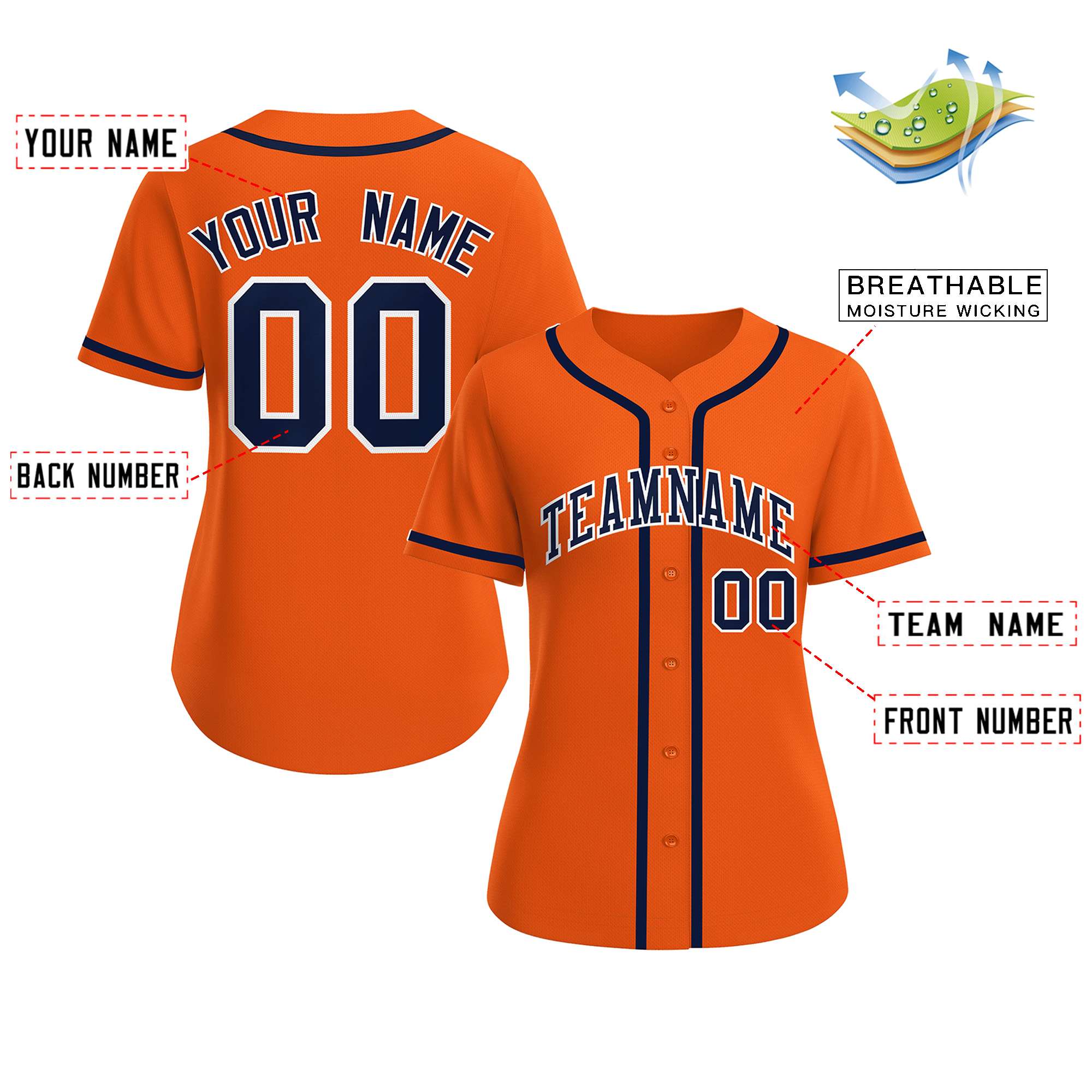 Maillot de baseball de style classique orange marine-blanc personnalisé pour femmes