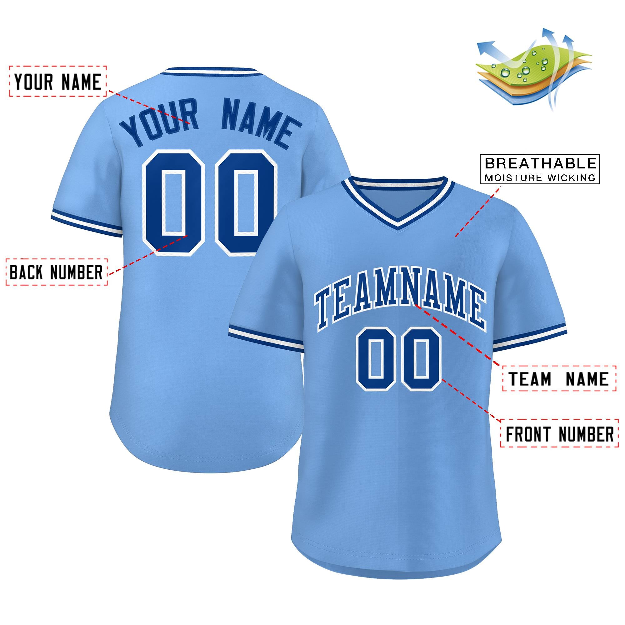 Maillot de baseball personnalisé, bleu clair, Royal-blanc, Style classique, pull authentique