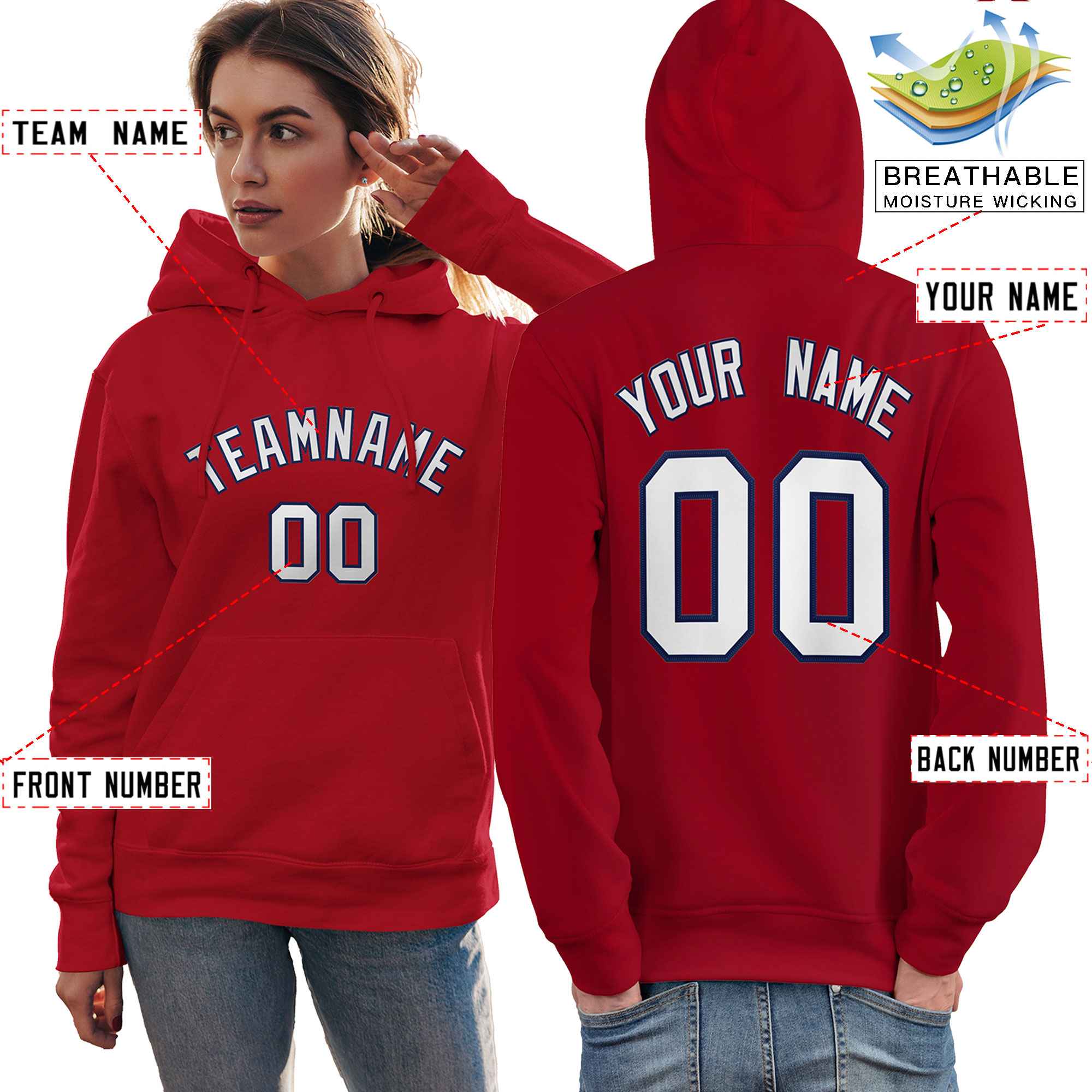 Custom Red Navy-White Classic Style Personalized Sport Pullover Hoodie