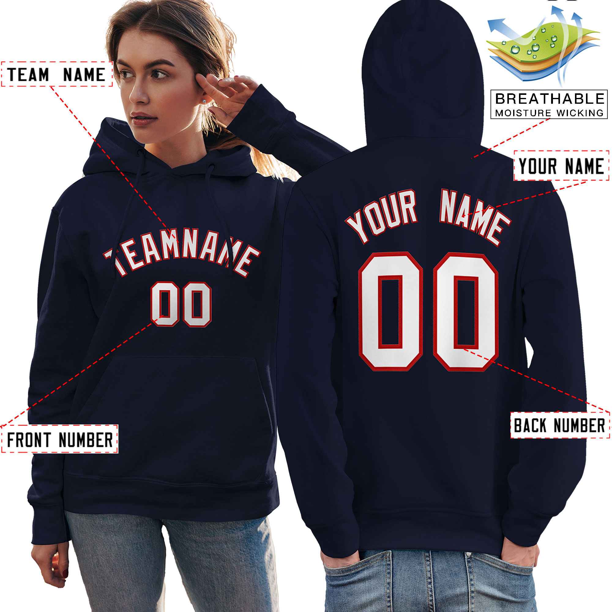 Custom Navy Red-White Classic Style Personalized Sport Pullover Hoodie