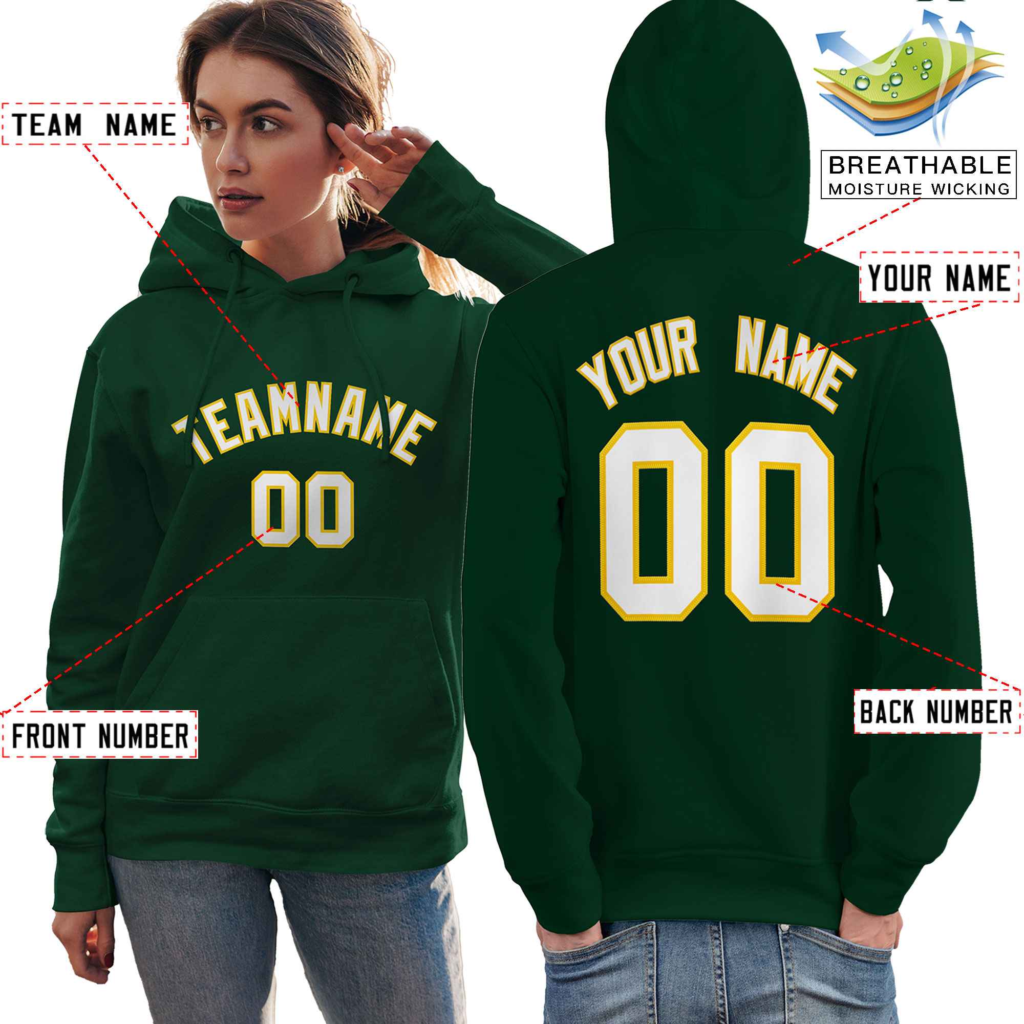 Custom Kelly Green White-Gold Classic Style Personalized Sport Pullover Hoodie